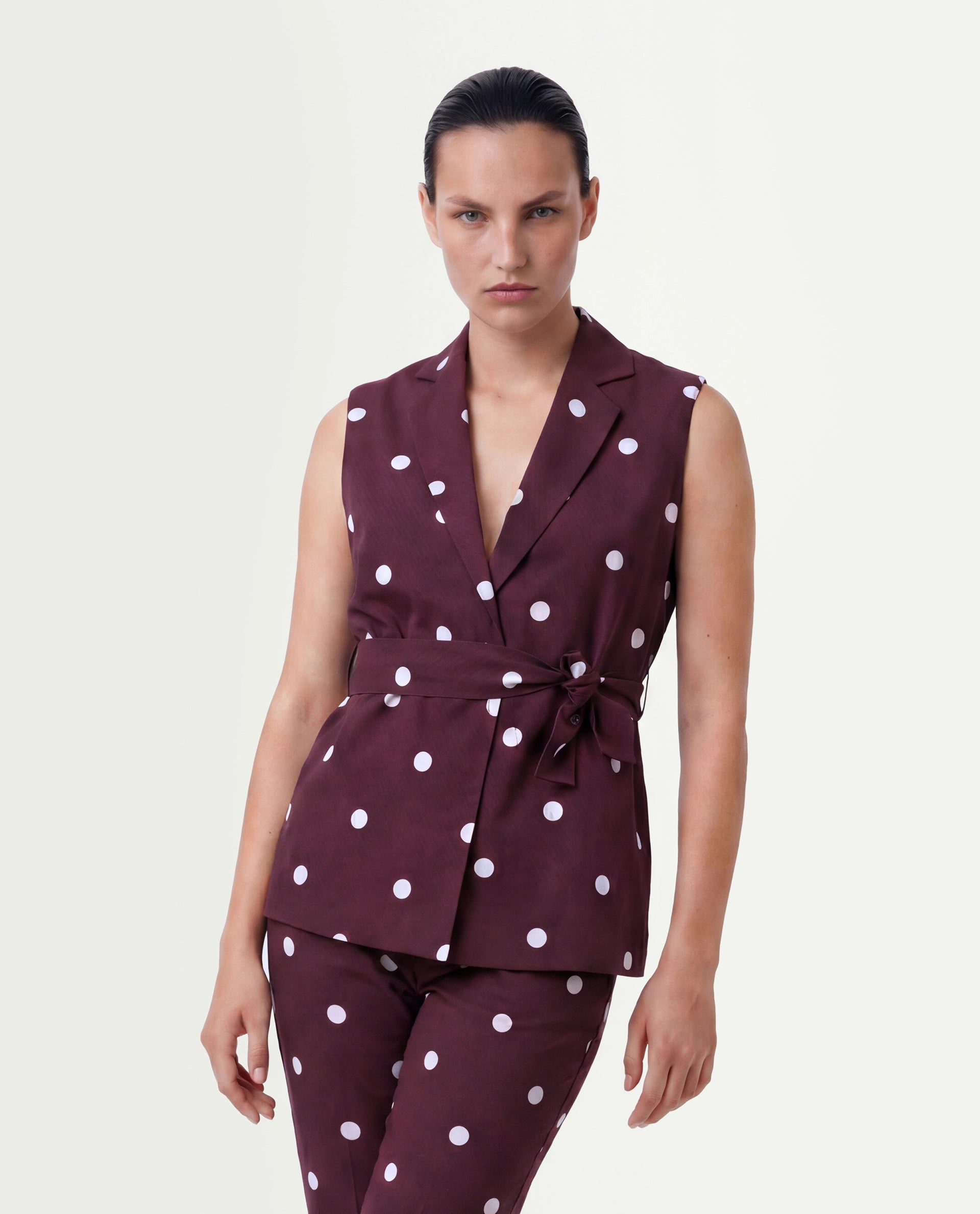 Rareism Women's Polvo-T Maroon Polka Print Cotton Blend Regular Sleeveless Top