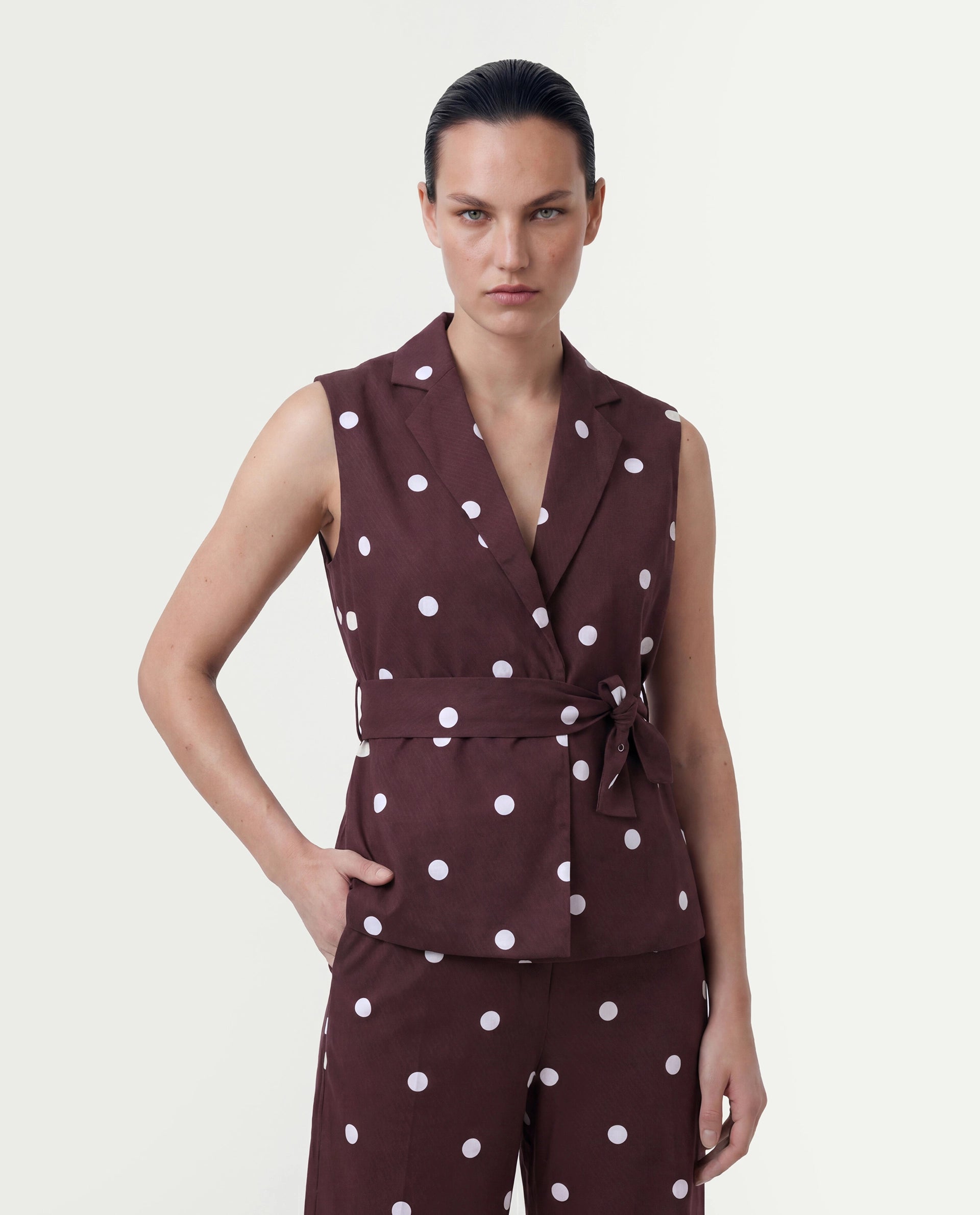 Rareism Women's Polvo-T Maroon Polka Print Cotton Blend Regular Sleeveless Top
