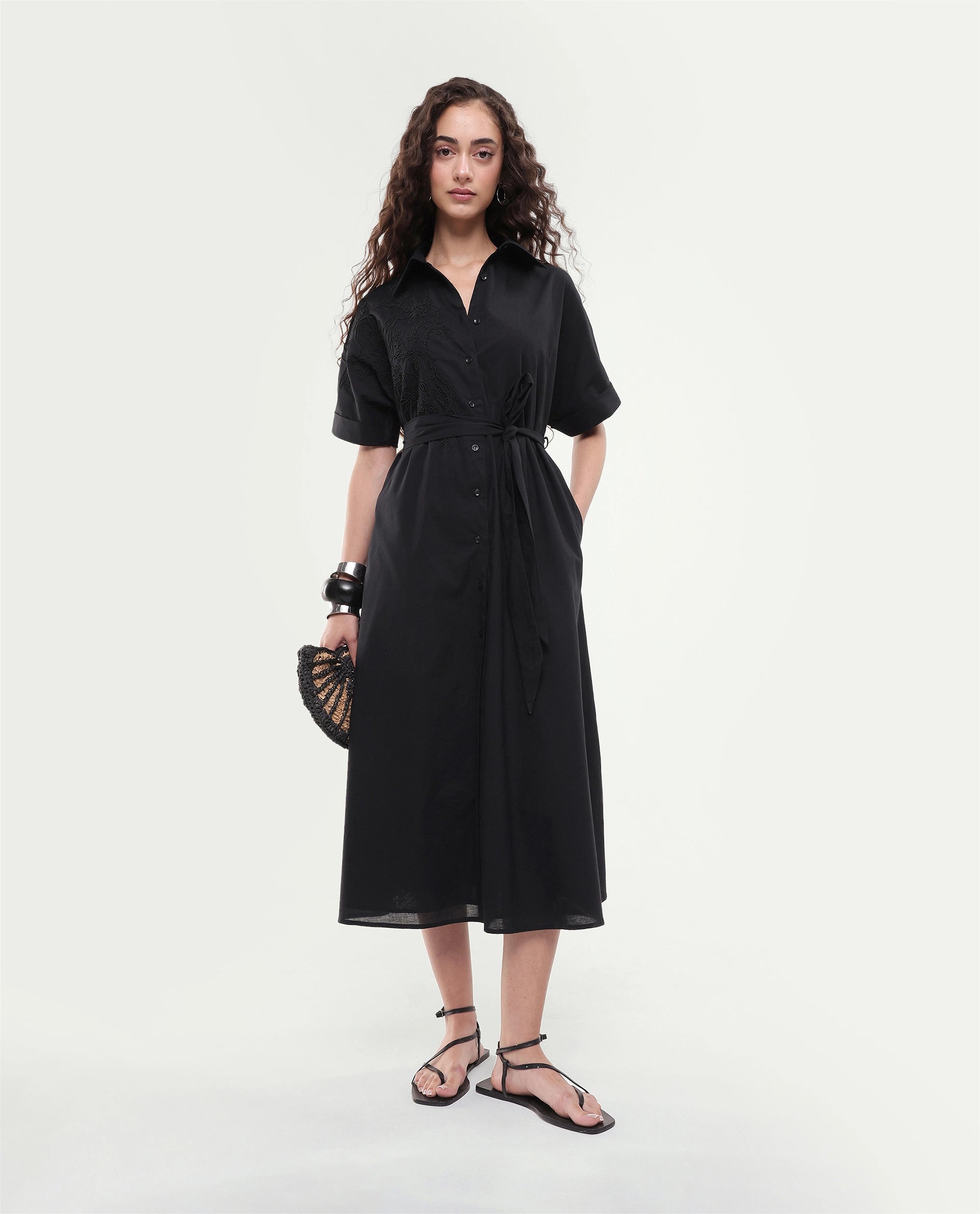 Rareism Women's Tormin Black Cotton Spread Collar Button Regular Embroidered Dress