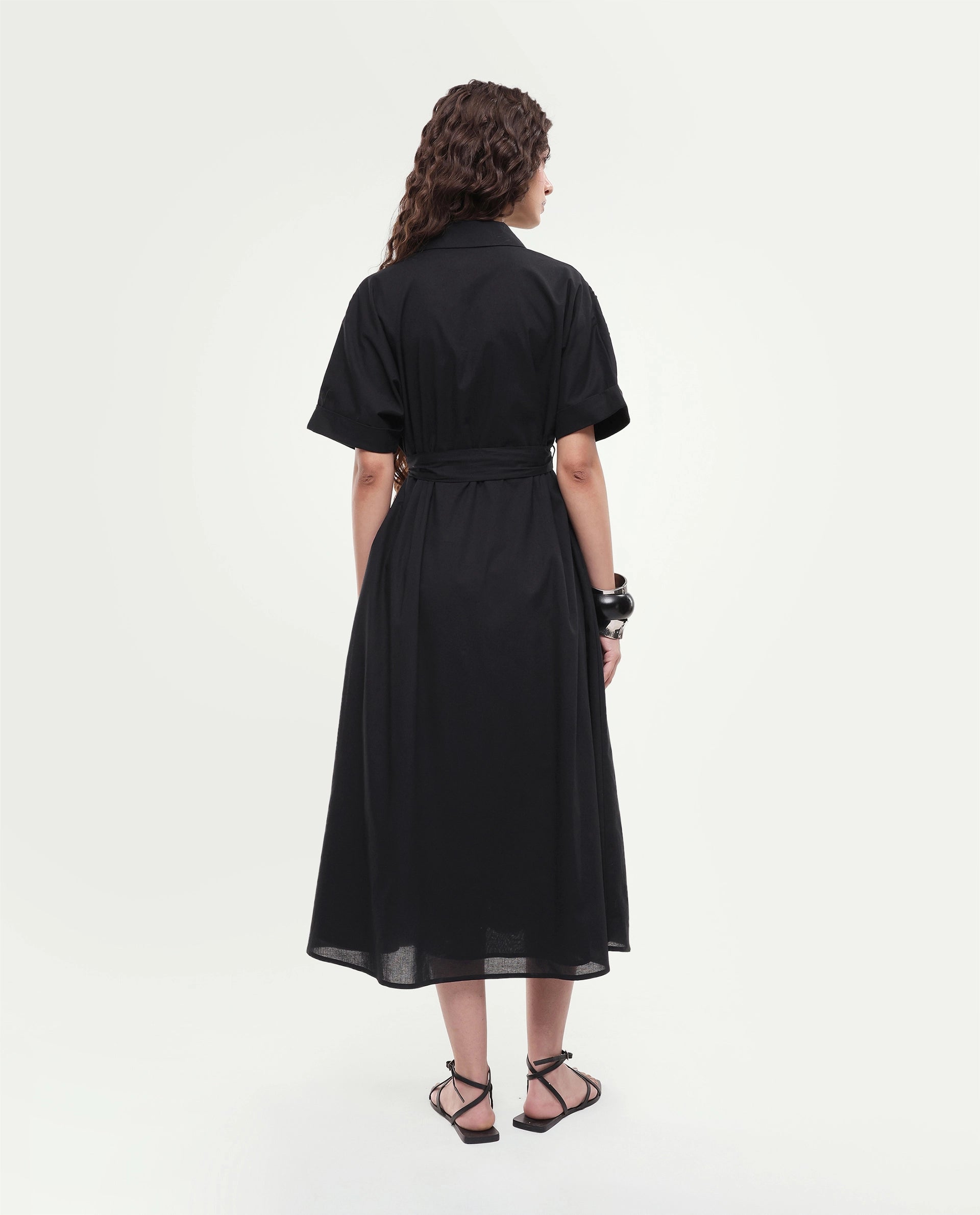Rareism Women's Tormin Black Cotton Spread Collar Button Regular Embroidered Dress