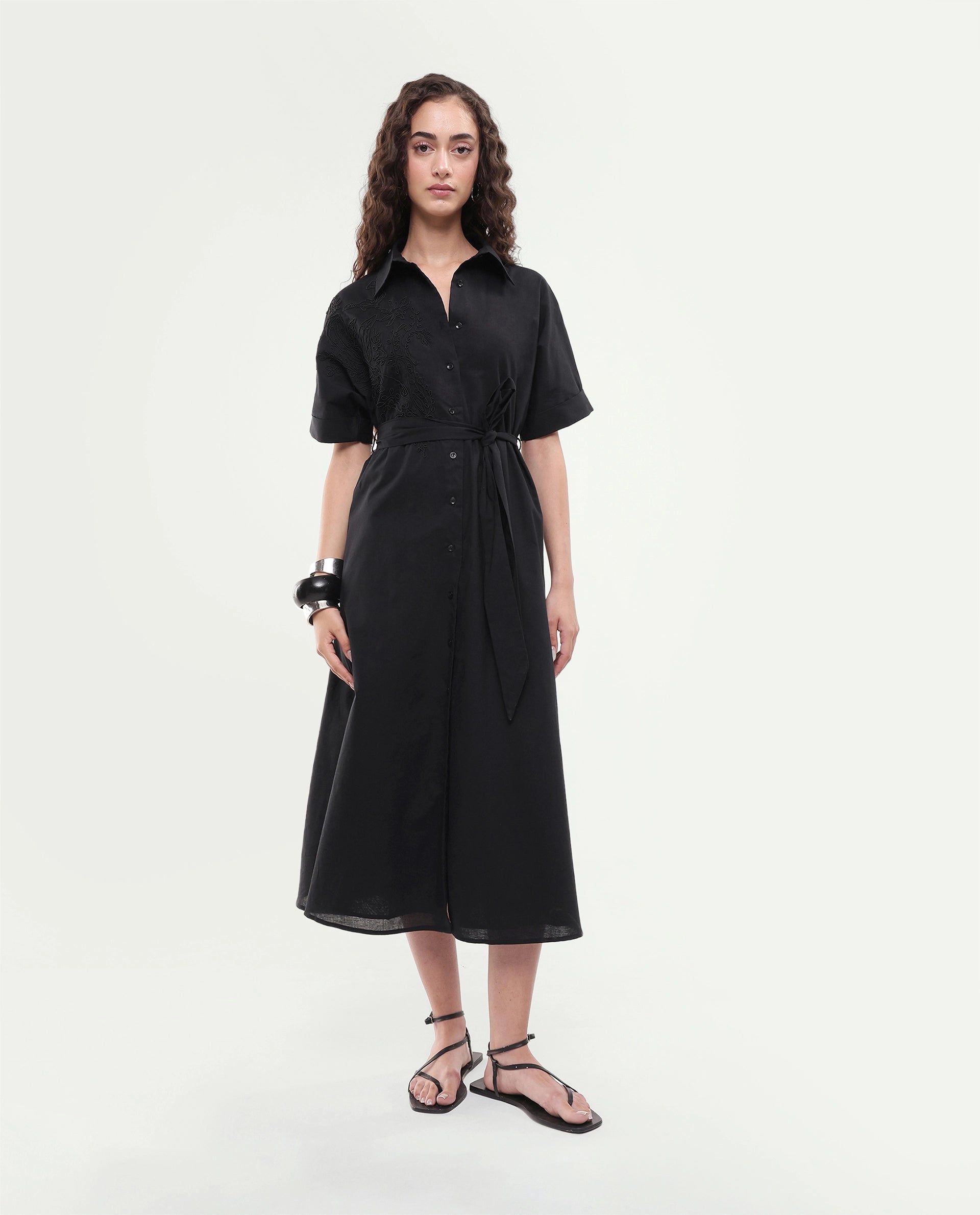 Rareism Women's Tormin Black Cotton Spread Collar Button Regular Embroidered Dress