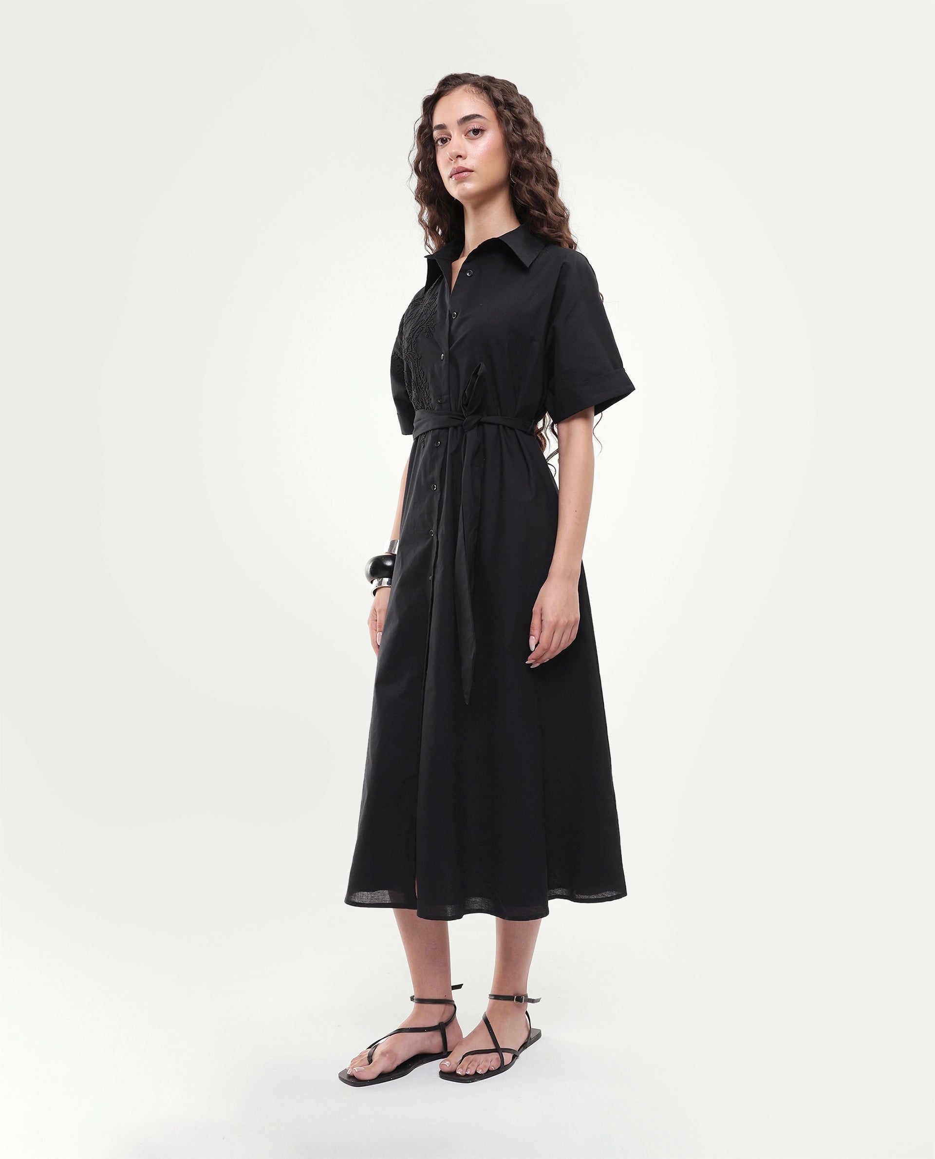 Rareism Women's Tormin Black Cotton Spread Collar Button Regular Embroidered Dress