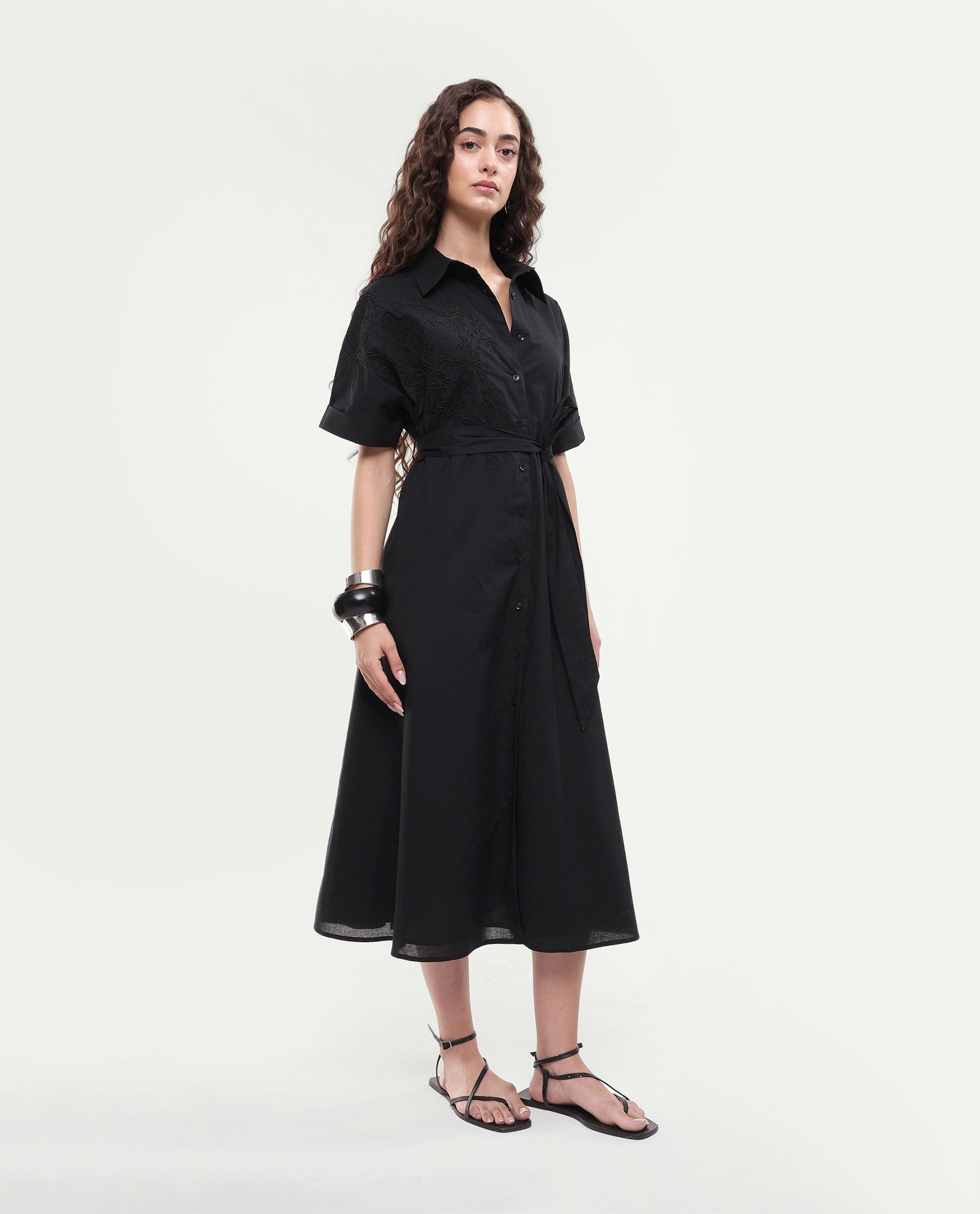 Rareism Women's Tormin Black Cotton Spread Collar Button Regular Embroidered Dress