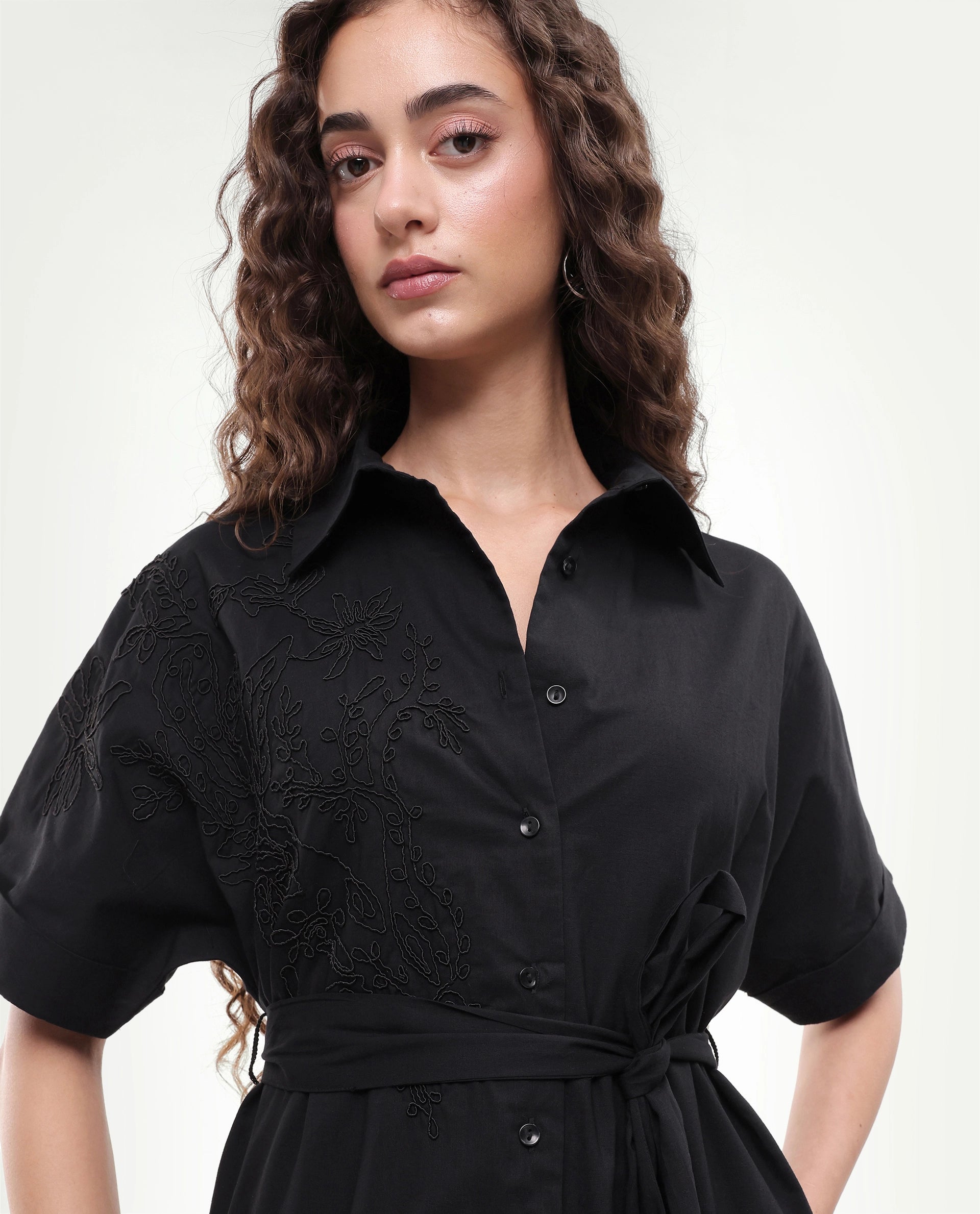 Rareism Women's Tormin Black Cotton Spread Collar Button Regular Embroidered Dress
