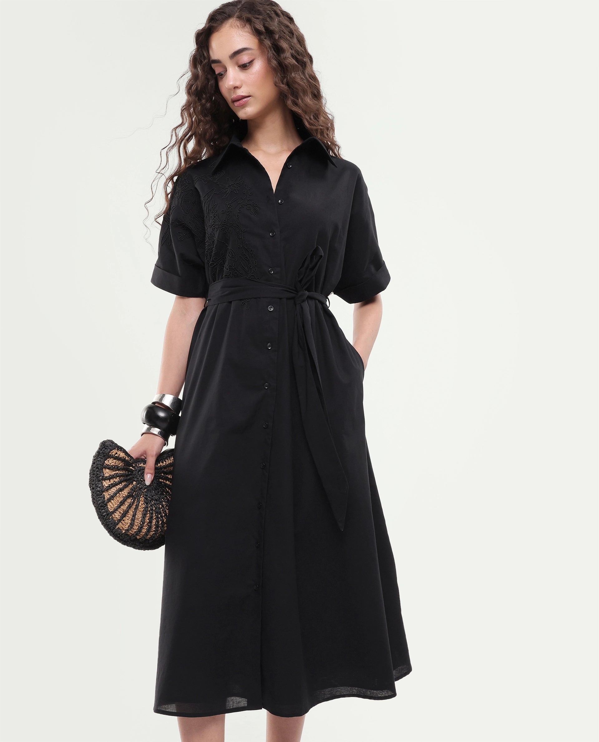 Rareism Women's Tormin Black Cotton Spread Collar Button Regular Embroidered Dress