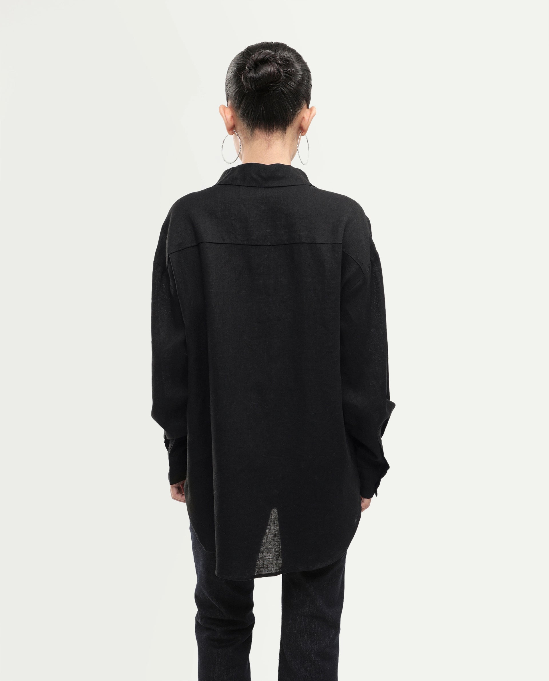 Rareism Women's Uganda Black Linen Spread Collar Regular Plain Shirt