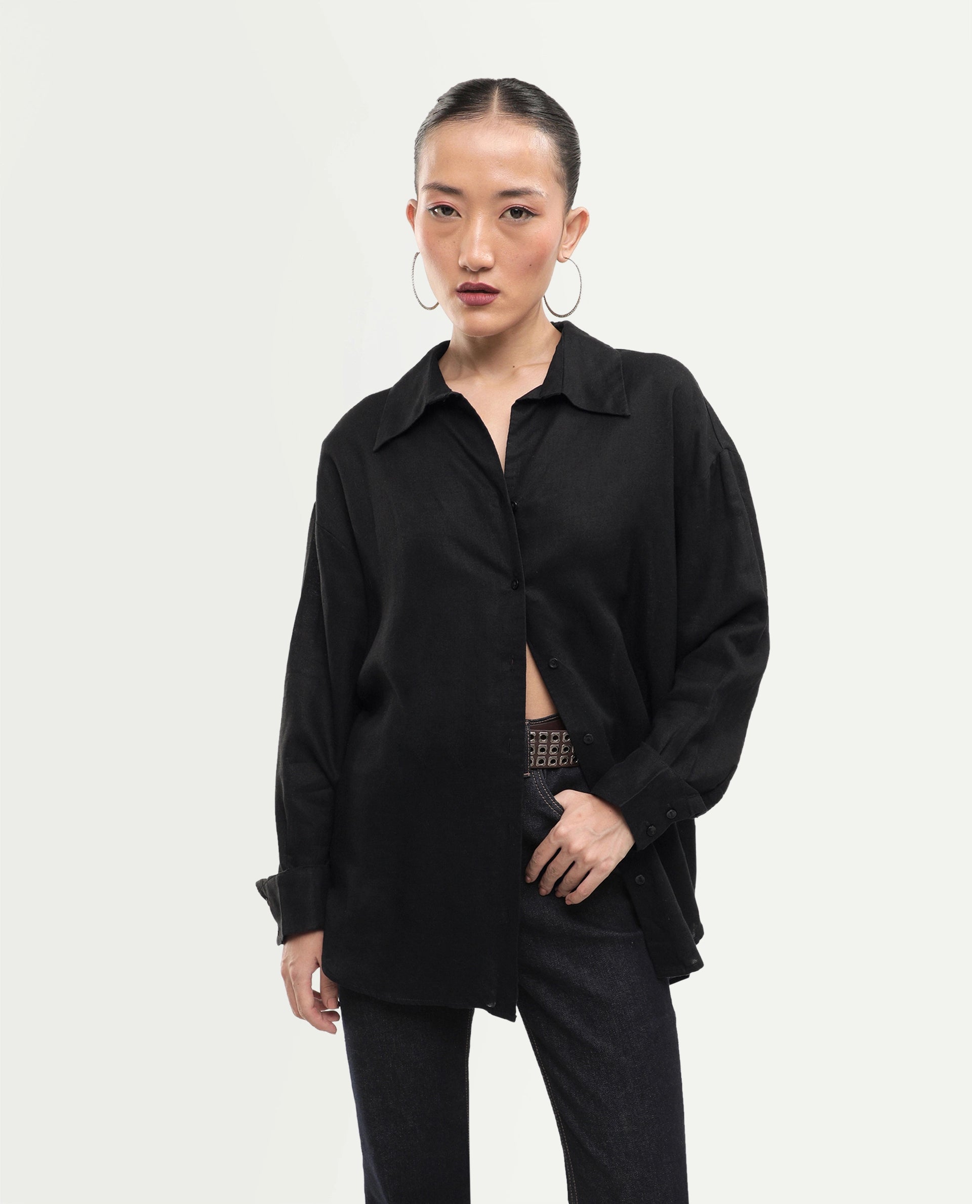 Rareism Women's Uganda Black Linen Spread Collar Regular Plain Shirt