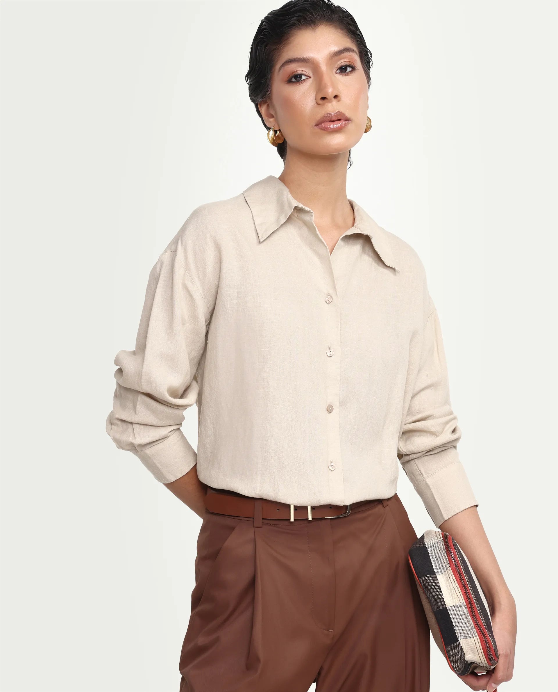 Rareism Women's Uganda Beige Linen Fabric Spread Collar Regular Plain Shirt