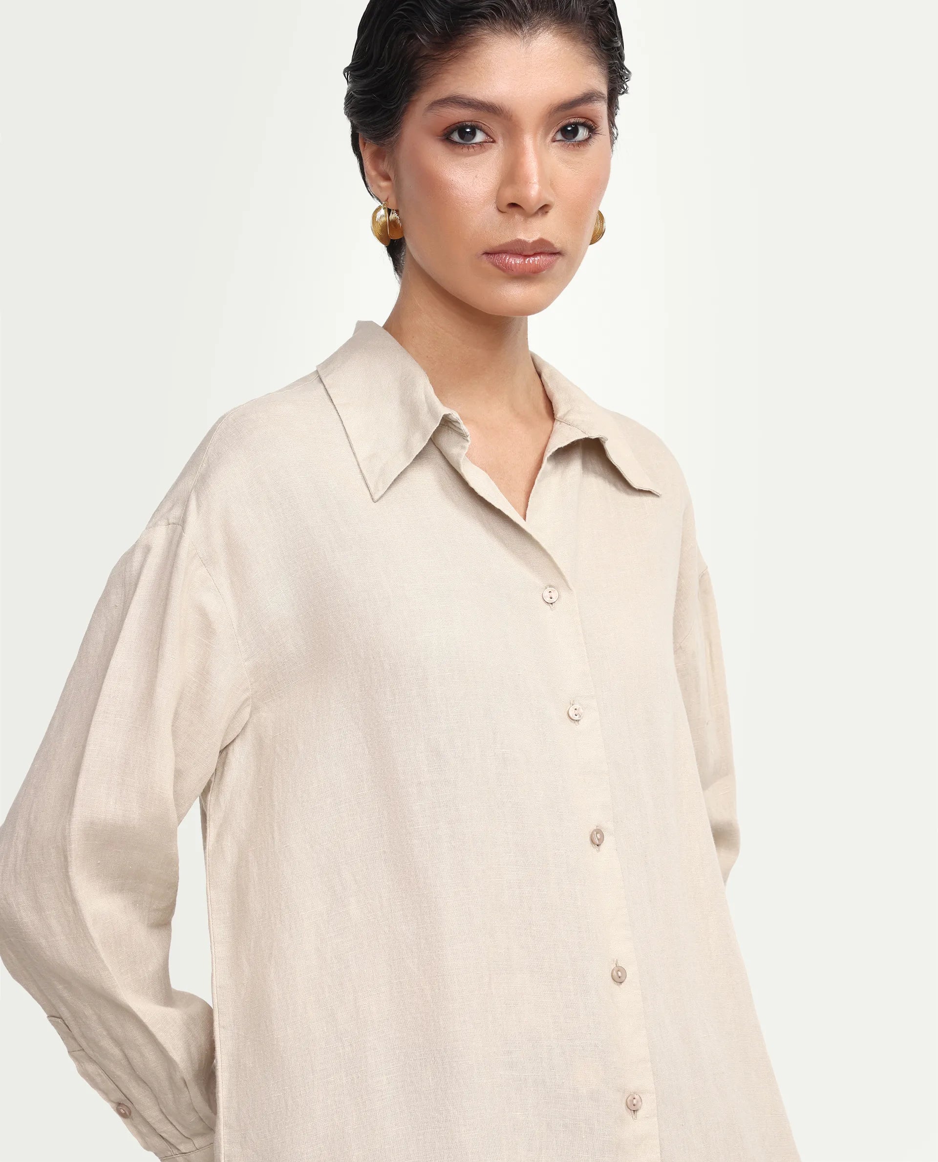 Rareism Women's Uganda Beige Linen Fabric Spread Collar Regular Plain Shirt