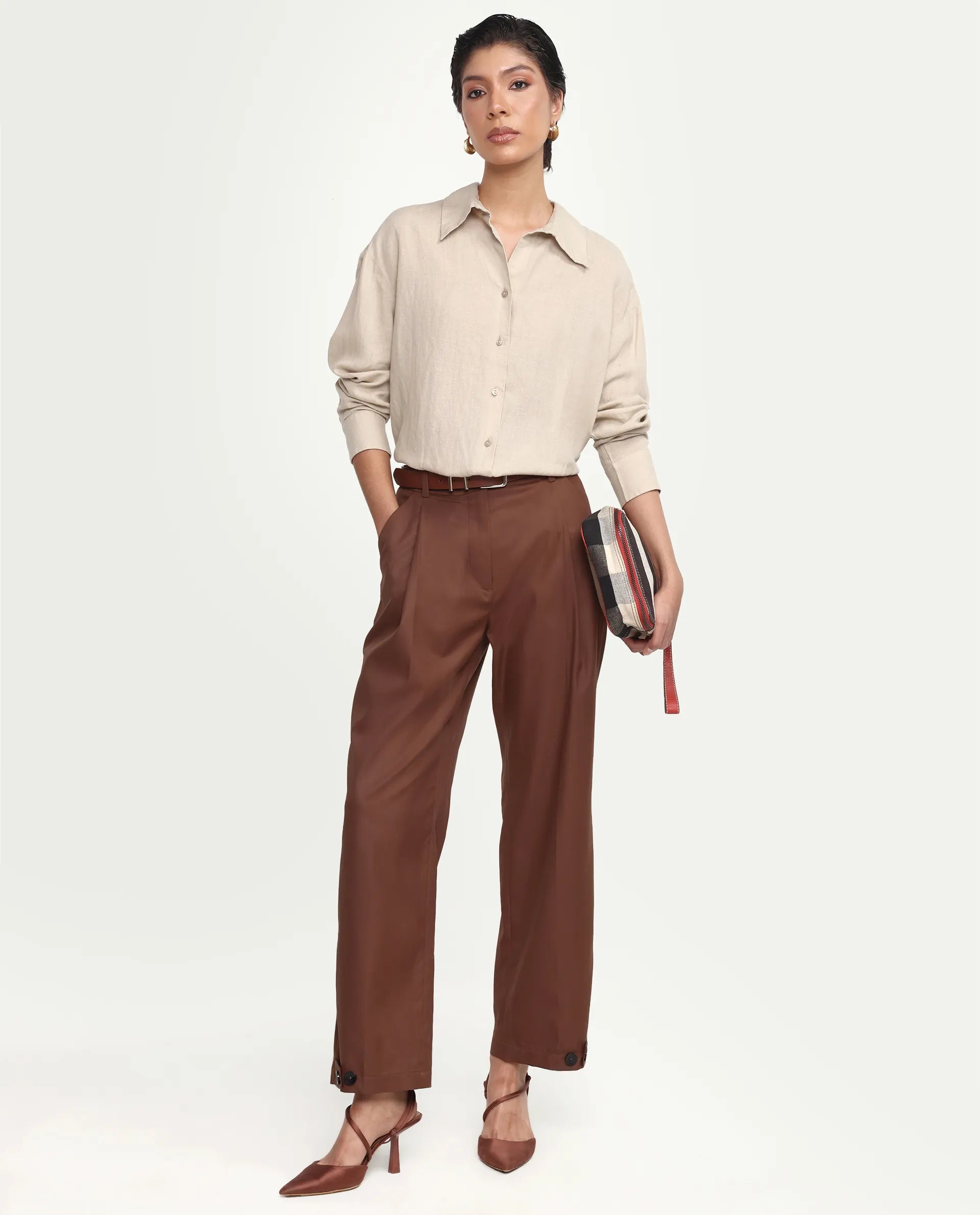Rareism Women's Uganda Beige Linen Fabric Spread Collar Regular Plain Shirt