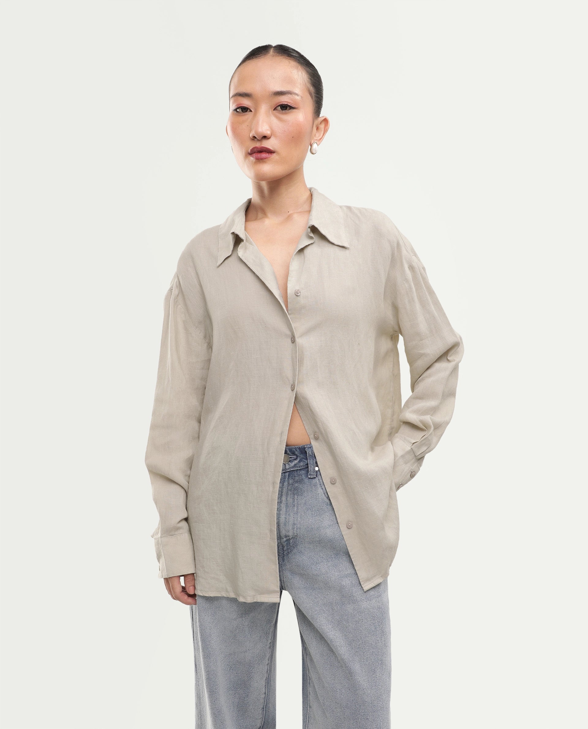 Rareism Women's Uganda Beige Linen Fabric Spread Collar Regular Plain Shirt