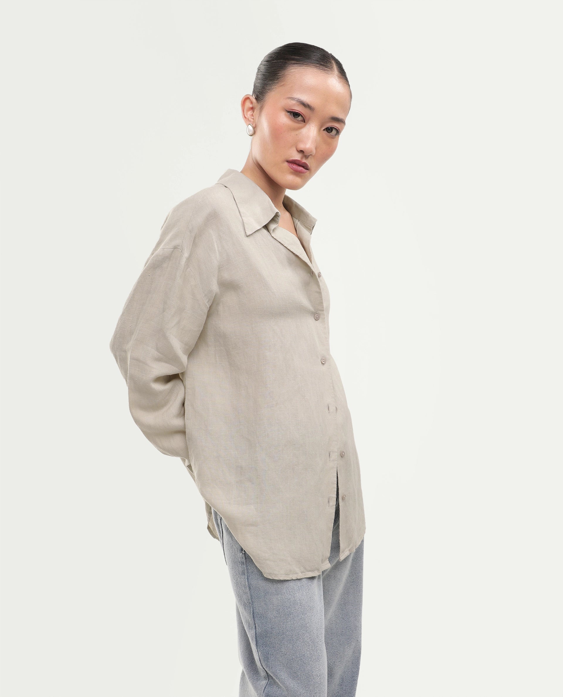 Rareism Women's Uganda Beige Linen Fabric Spread Collar Regular Plain Shirt