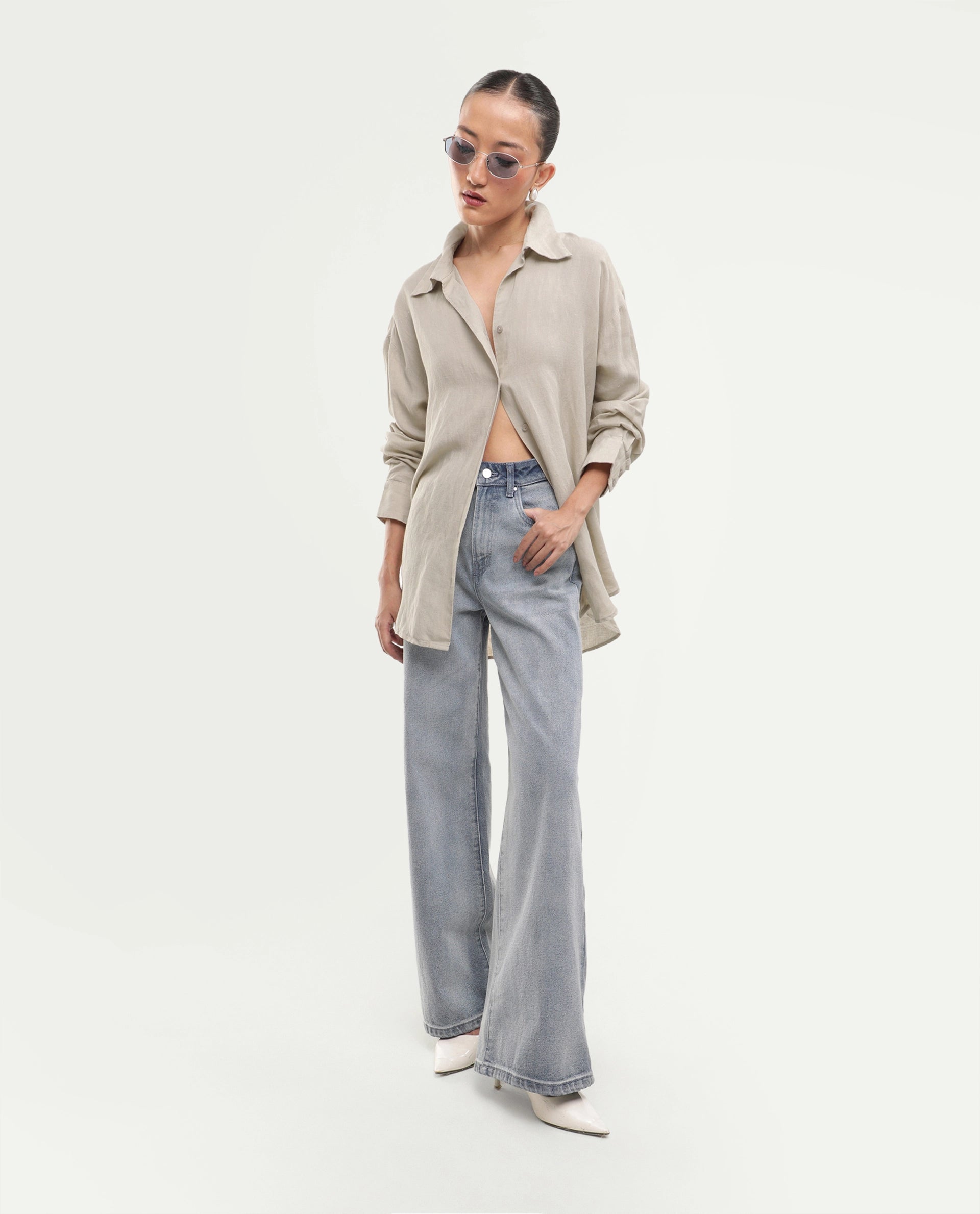 Rareism Women's Uganda Beige Linen Fabric Spread Collar Regular Plain Shirt