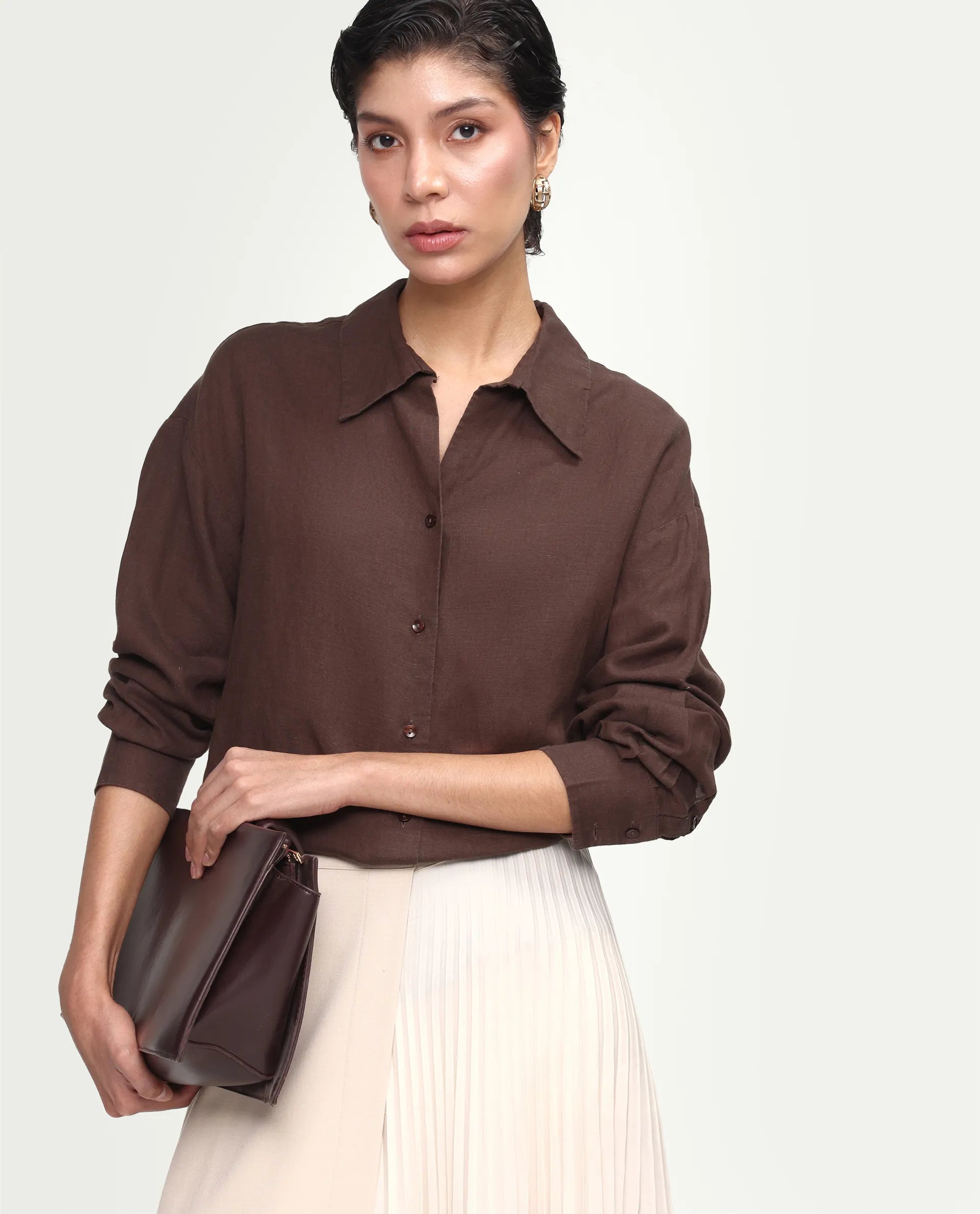 Rareism Women's Uganda Brown Linen Fabric Spread Collar Regular Plain Shirt