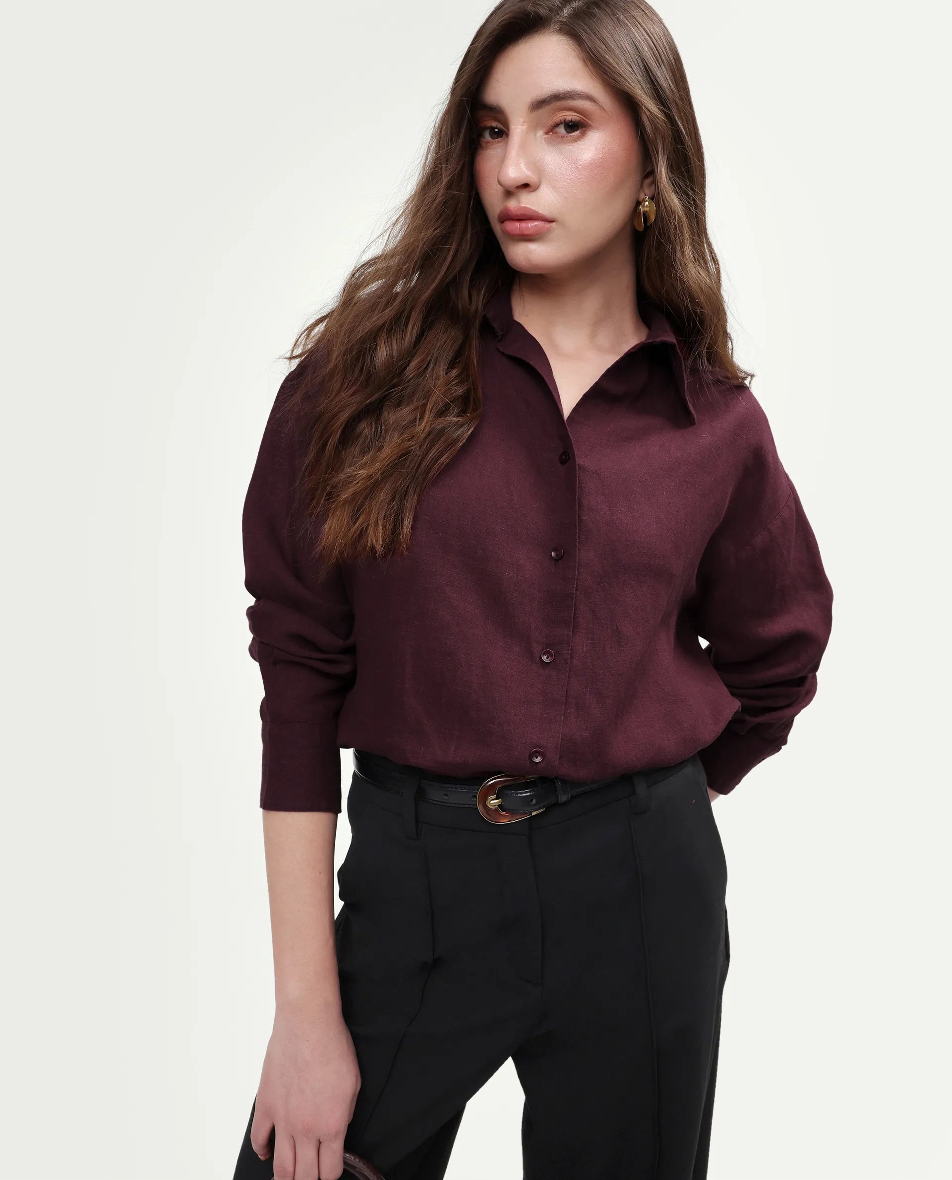 Rareism Women's Uganda Maroon Linen Spread Collar Regular Plain Shirt
