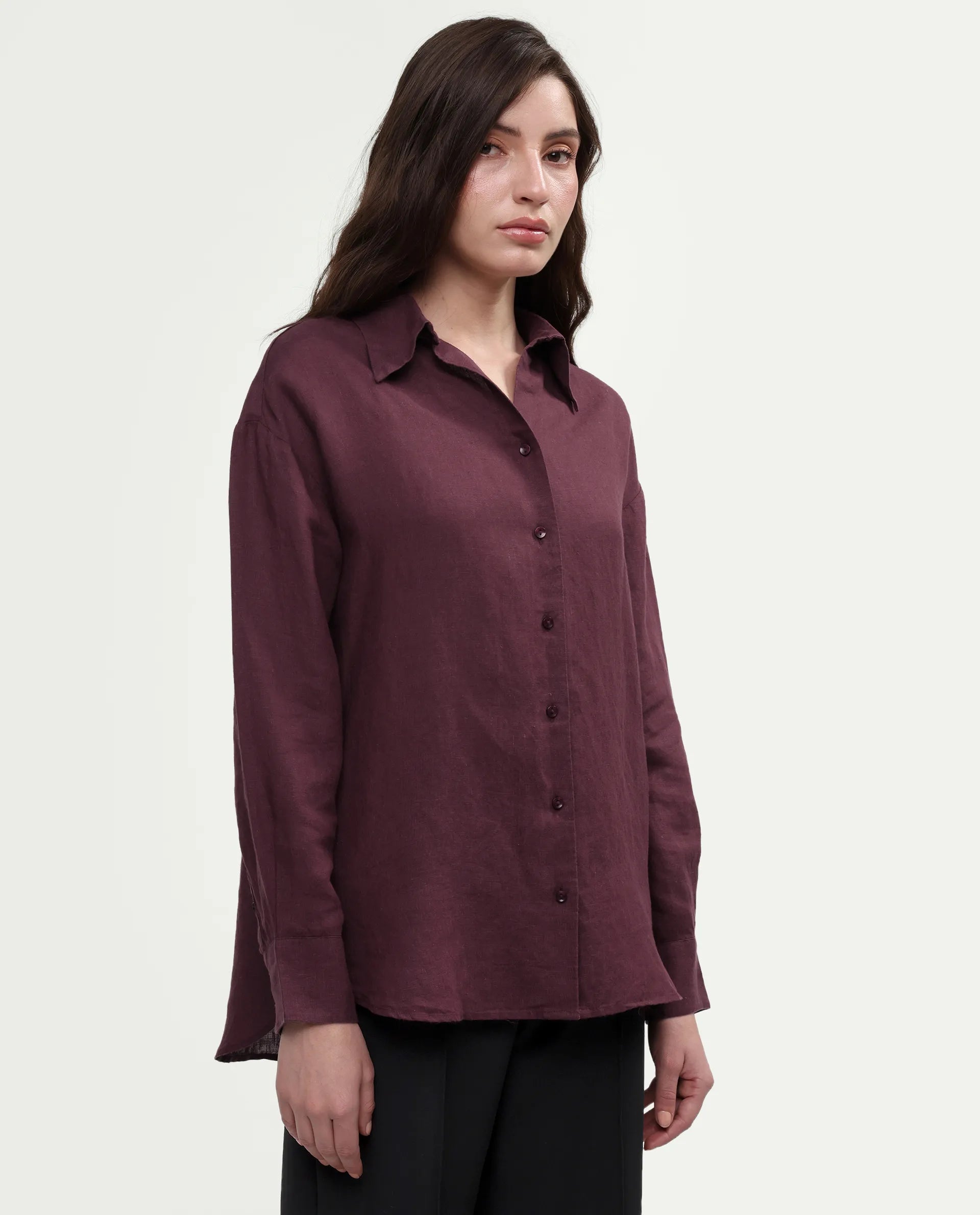 Rareism Women's Uganda Maroon Linen Spread Collar Regular Plain Shirt