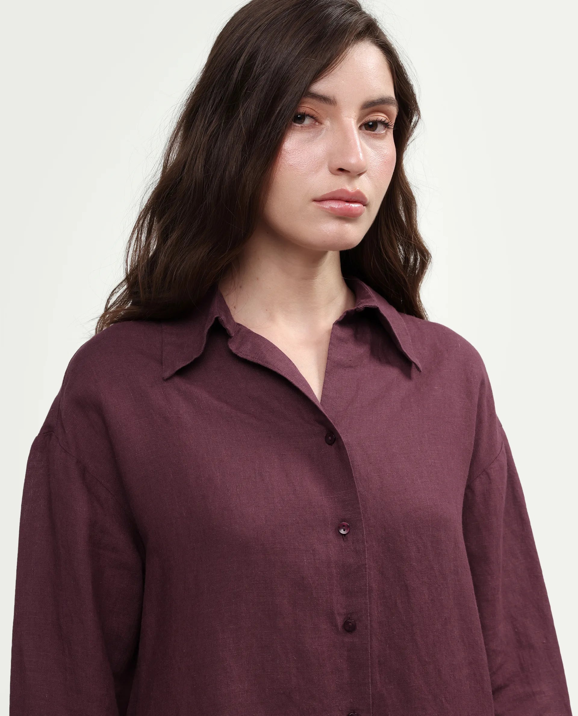 Rareism Women's Uganda Maroon Linen Spread Collar Regular Plain Shirt
