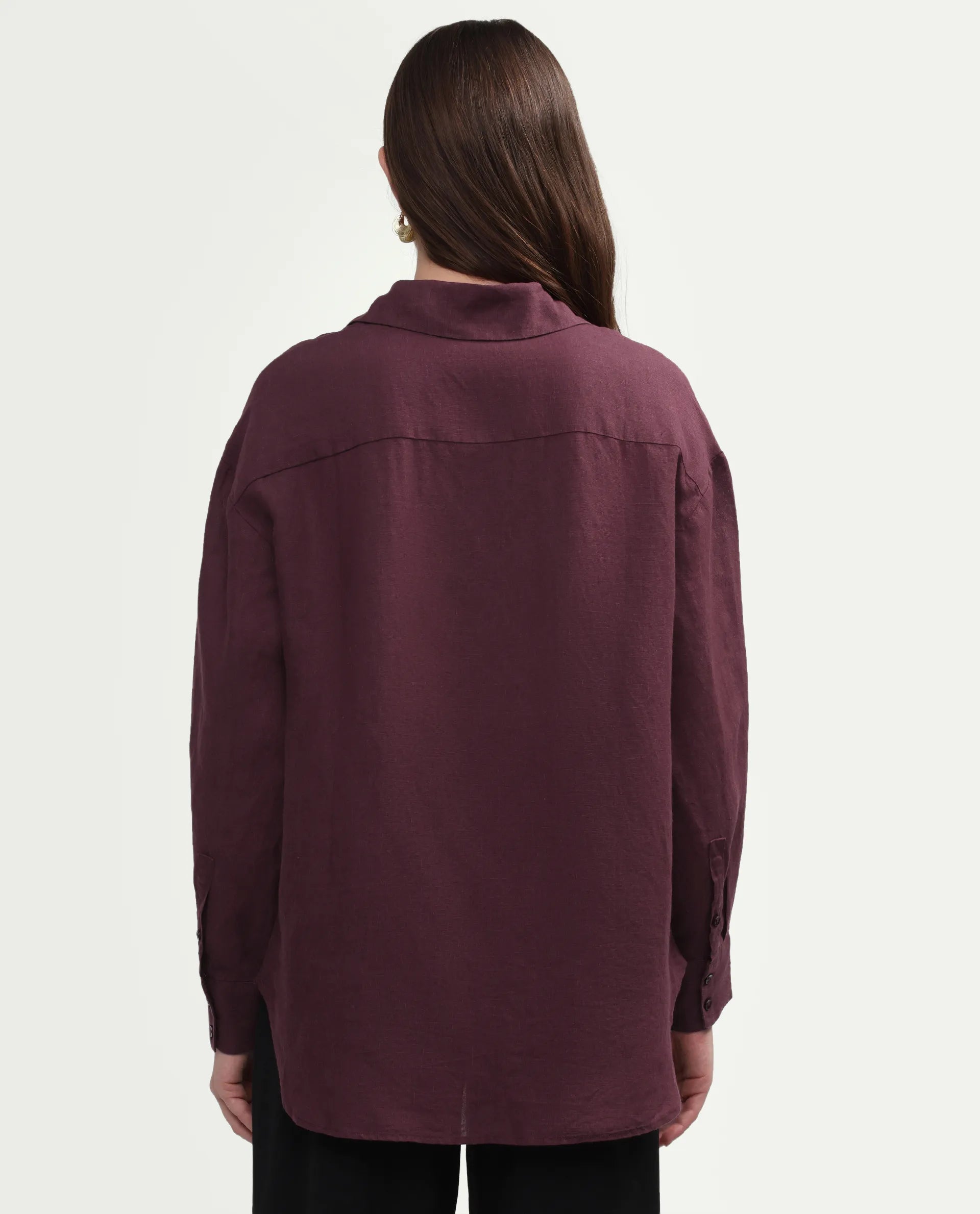 Rareism Women's Uganda Maroon Linen Spread Collar Regular Plain Shirt