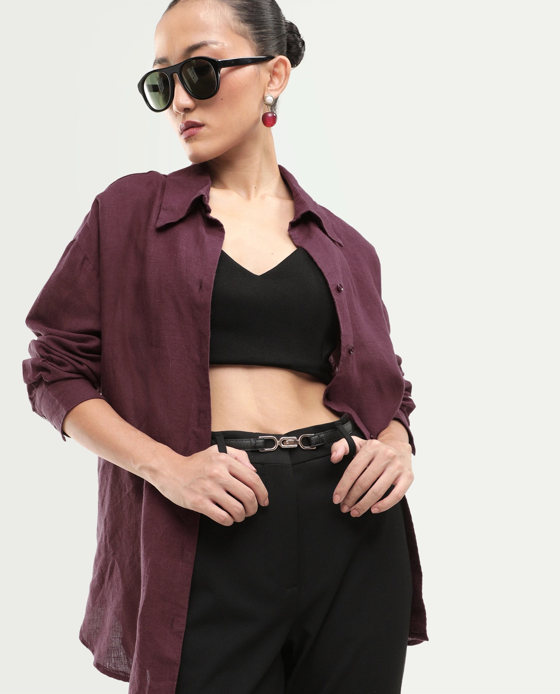 Rareism Women's Uganda Maroon Linen Spread Collar Regular Plain Shirt