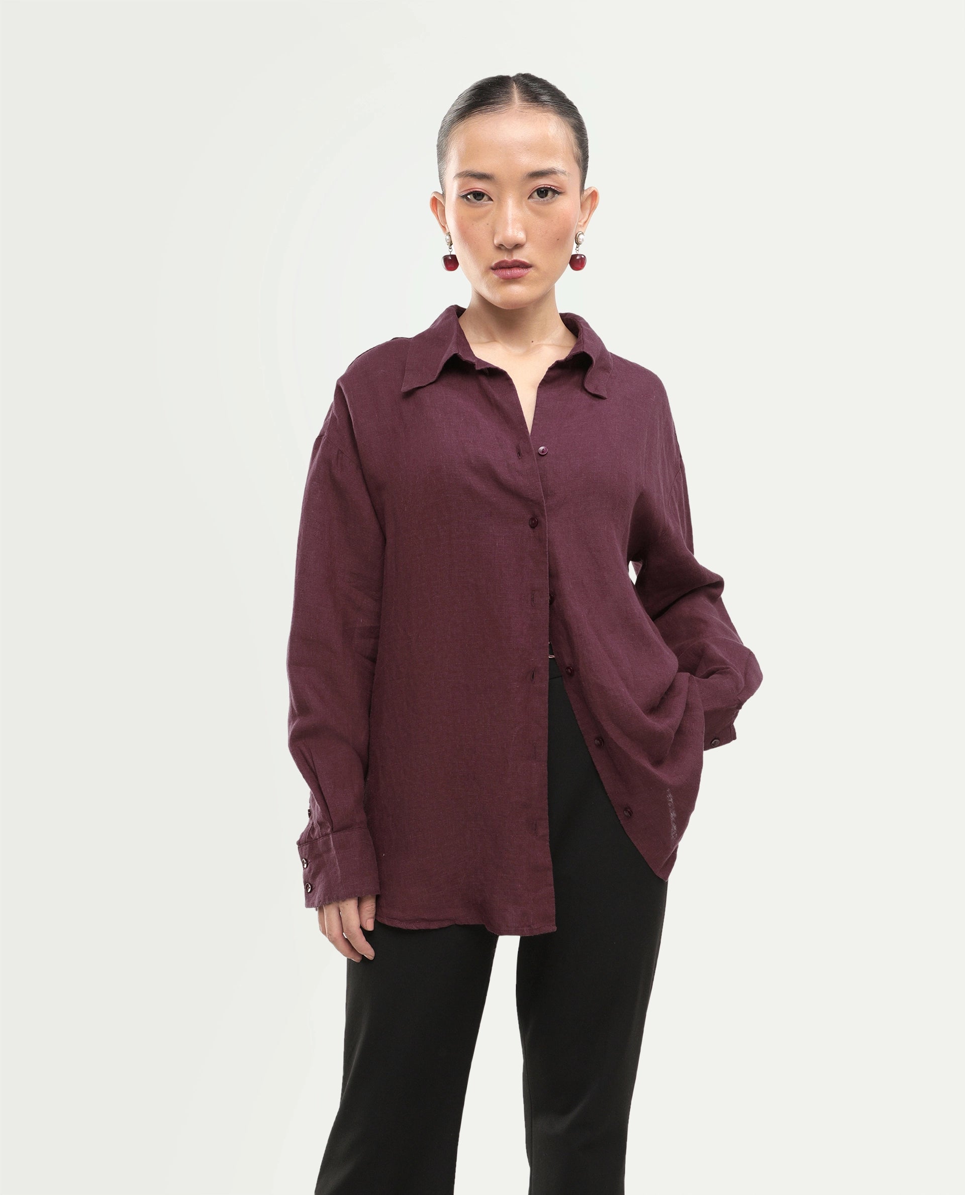 Rareism Women's Uganda Maroon Linen Spread Collar Regular Plain Shirt