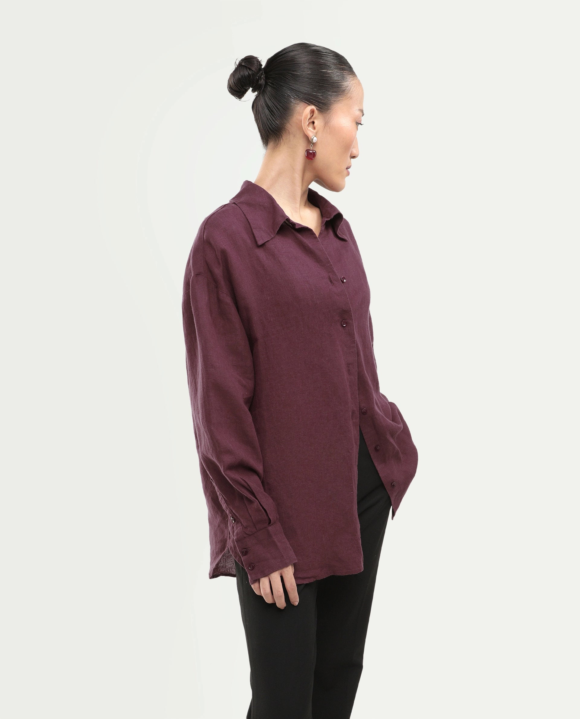 Rareism Women's Uganda Maroon Linen Spread Collar Regular Plain Shirt