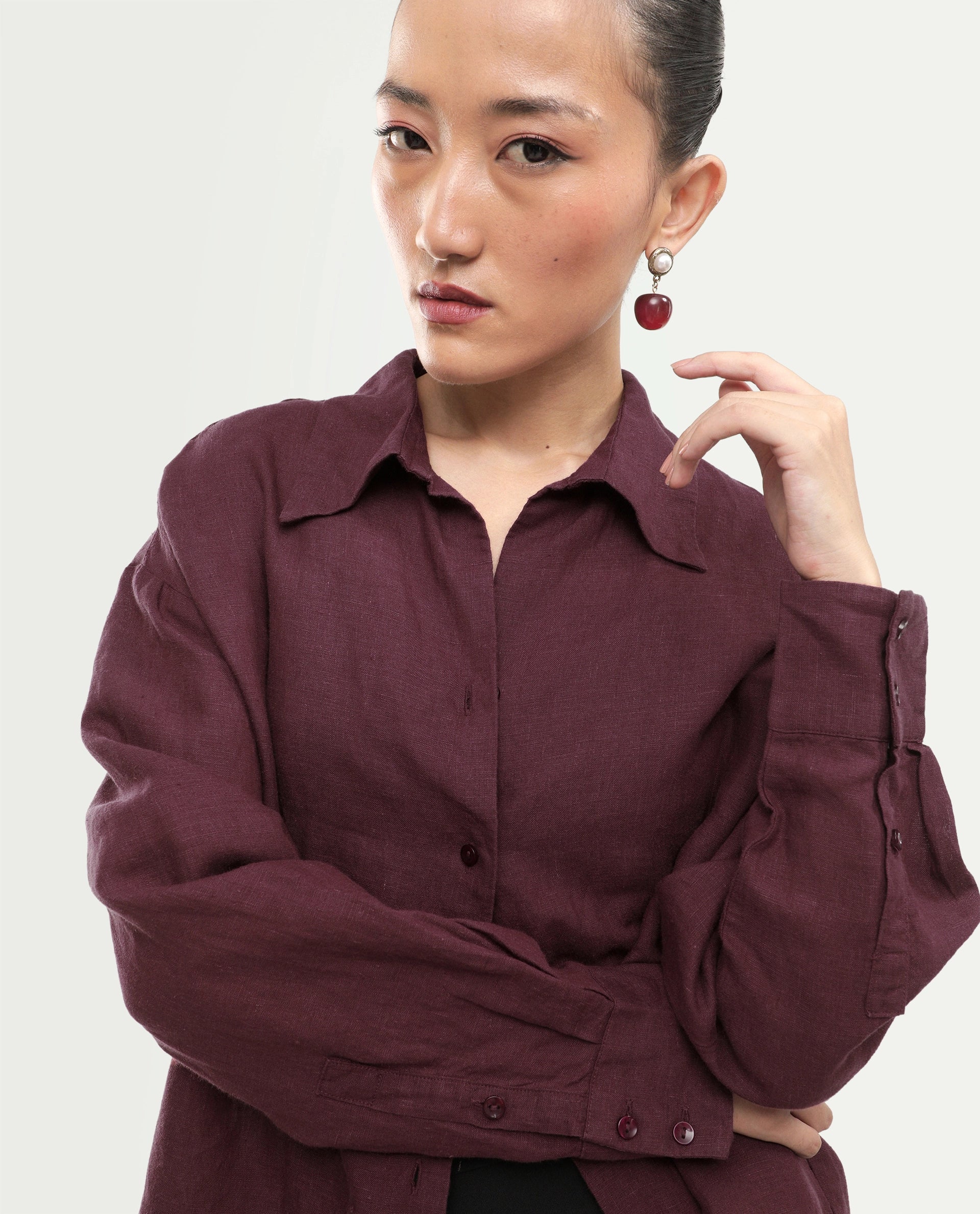 Rareism Women's Uganda Maroon Linen Spread Collar Regular Plain Shirt