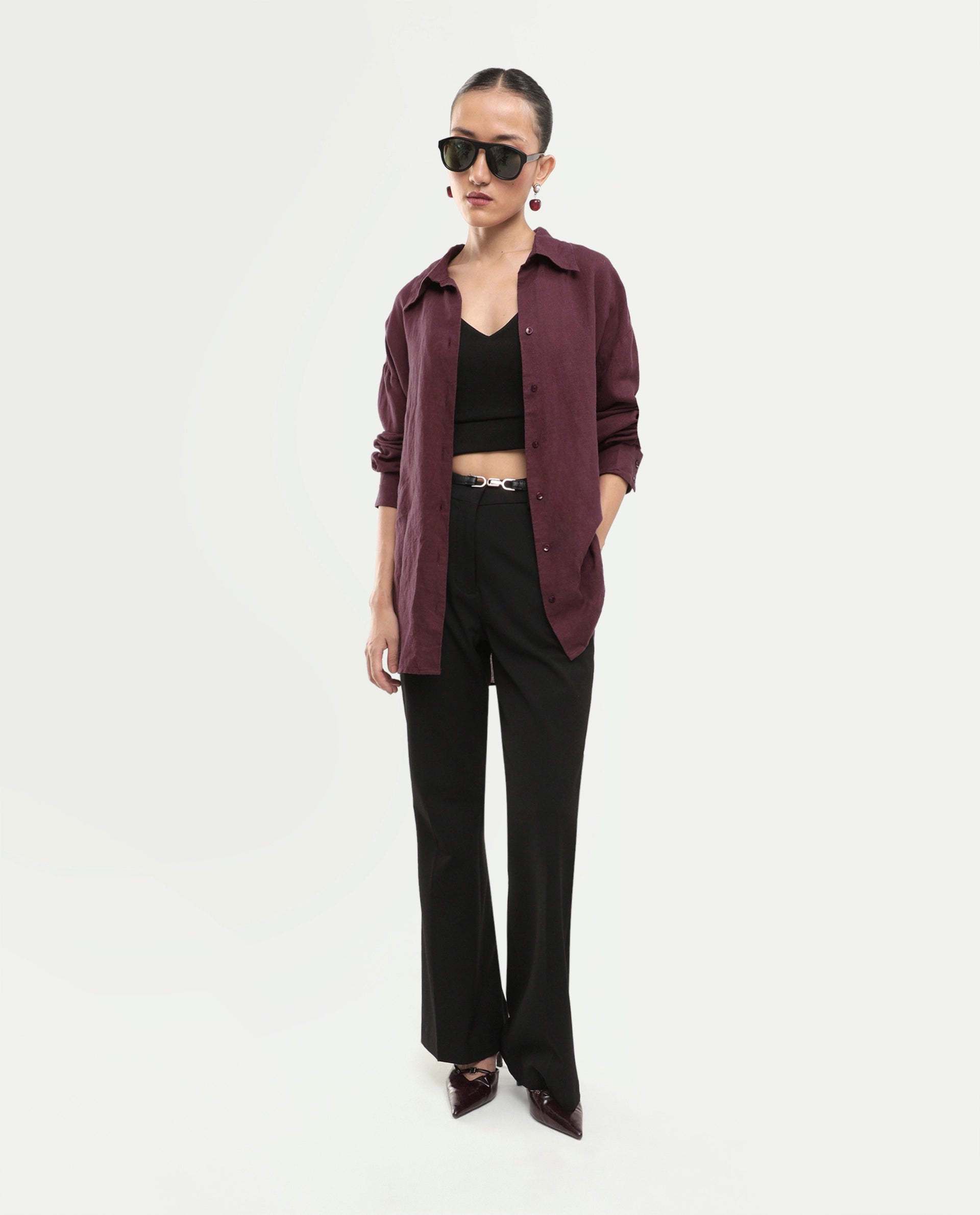 Rareism Women's Uganda Maroon Linen Spread Collar Regular Plain Shirt