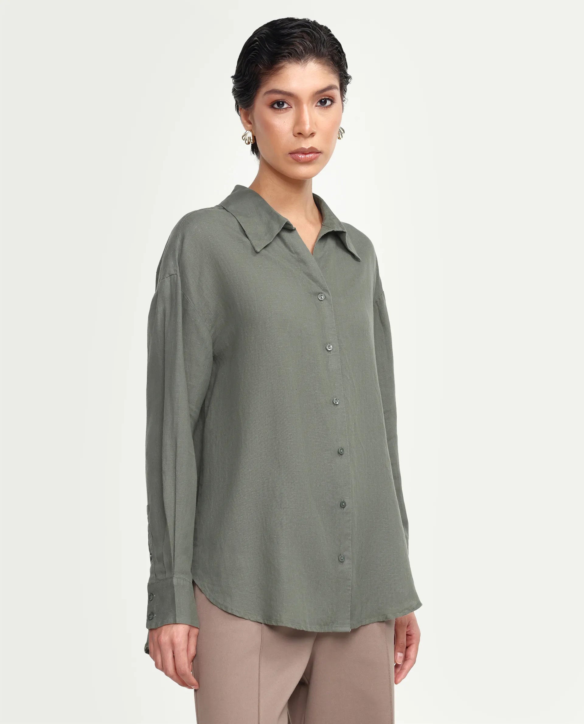 Rareism Women's Uganda Dusky Green Linen Fabric Spread Collar Regular Plain Shirt