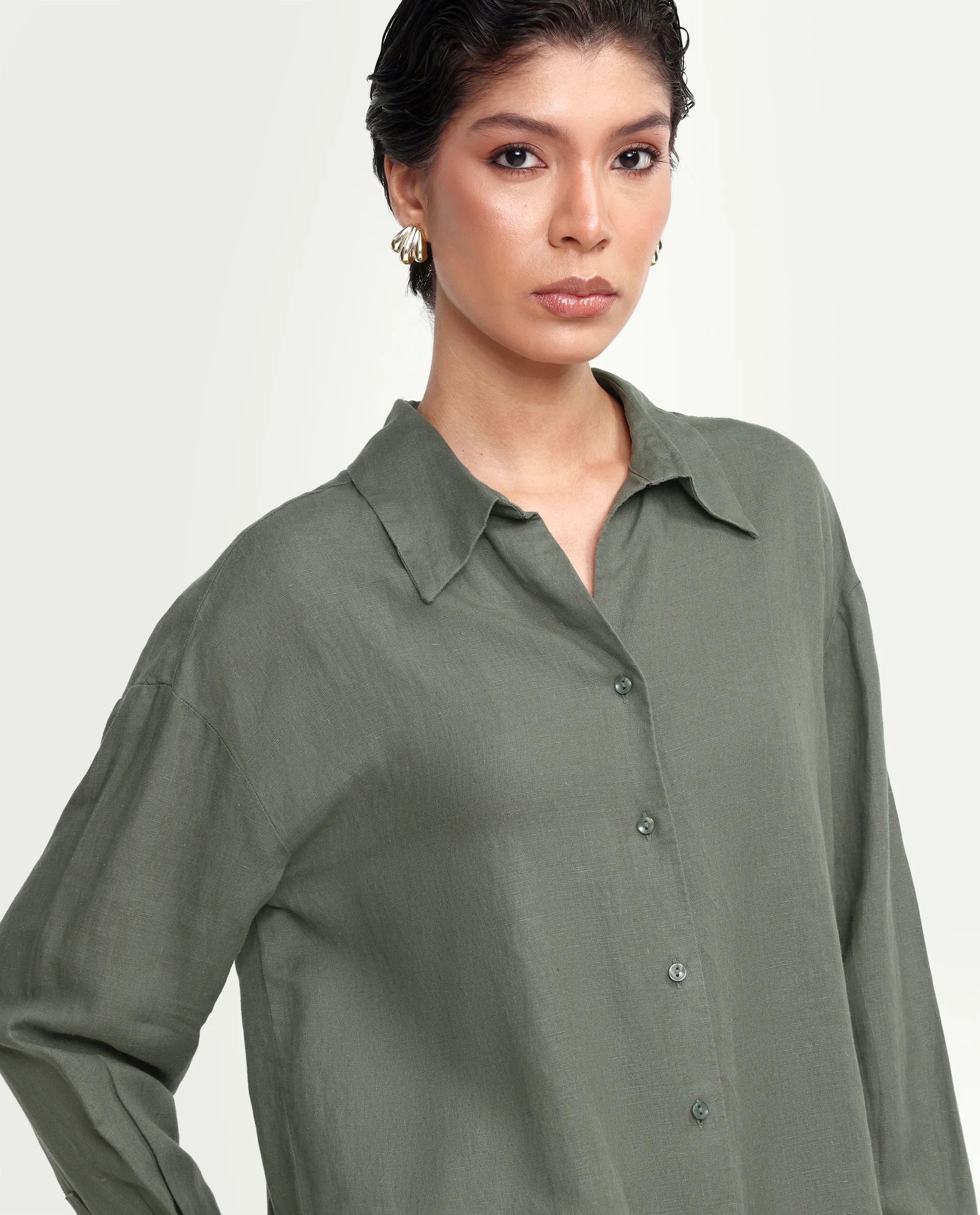 Rareism Women's Uganda Dusky Green Linen Fabric Spread Collar Regular Plain Shirt