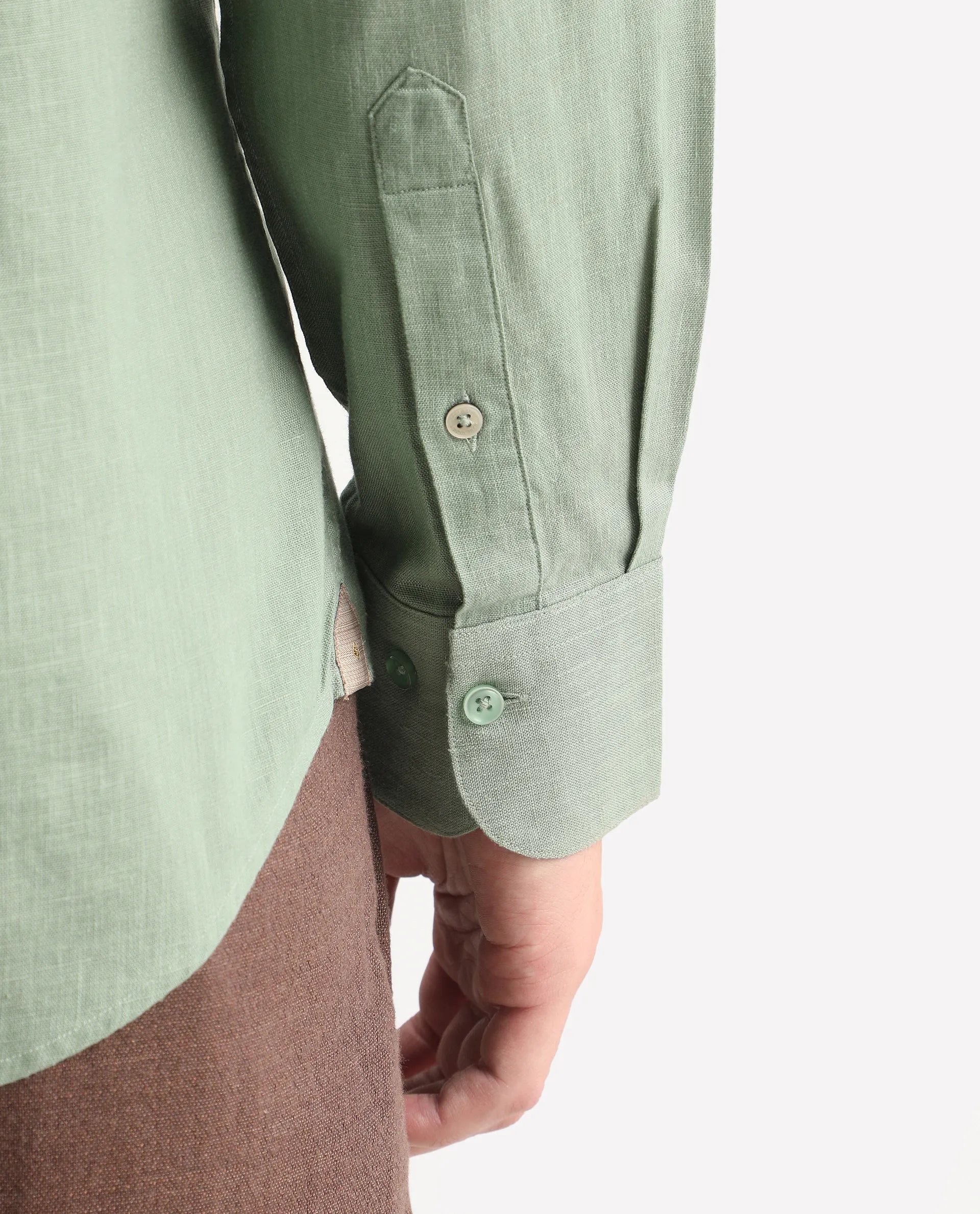 Rare Rabbit Men's Lewan-Ls Dusky Green Linen Blend Spread Collar Regular Plain Shirt
