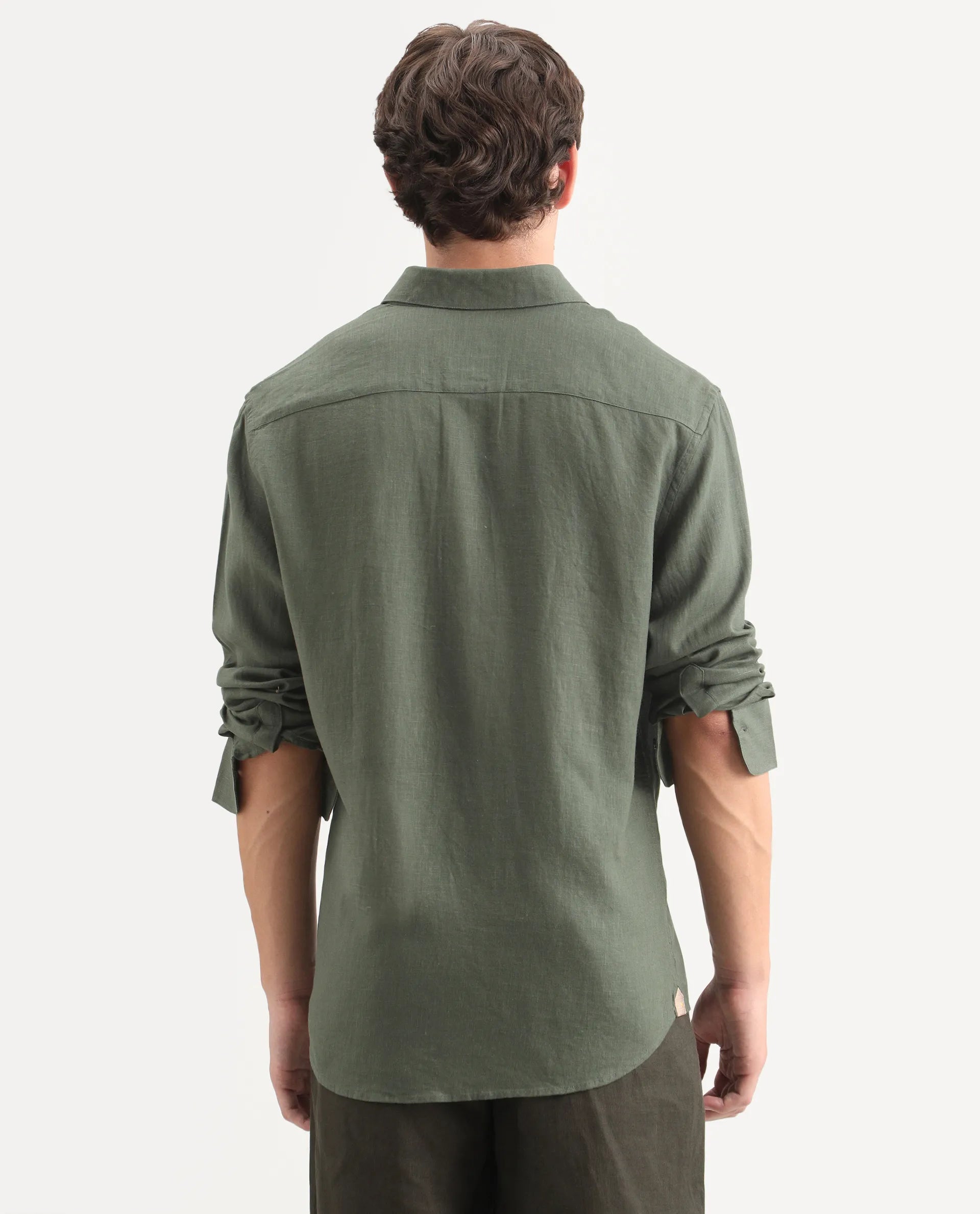 Rare Rabbit Men's Lewan-Ls Dark Green Linen Blend Spread Collar Regular Plain Shirt