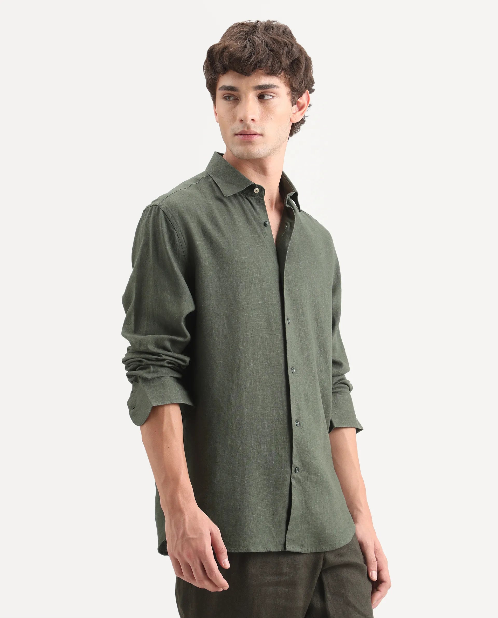 Rare Rabbit Men's Lewan-Ls Dark Green Linen Blend Spread Collar Regular Plain Shirt