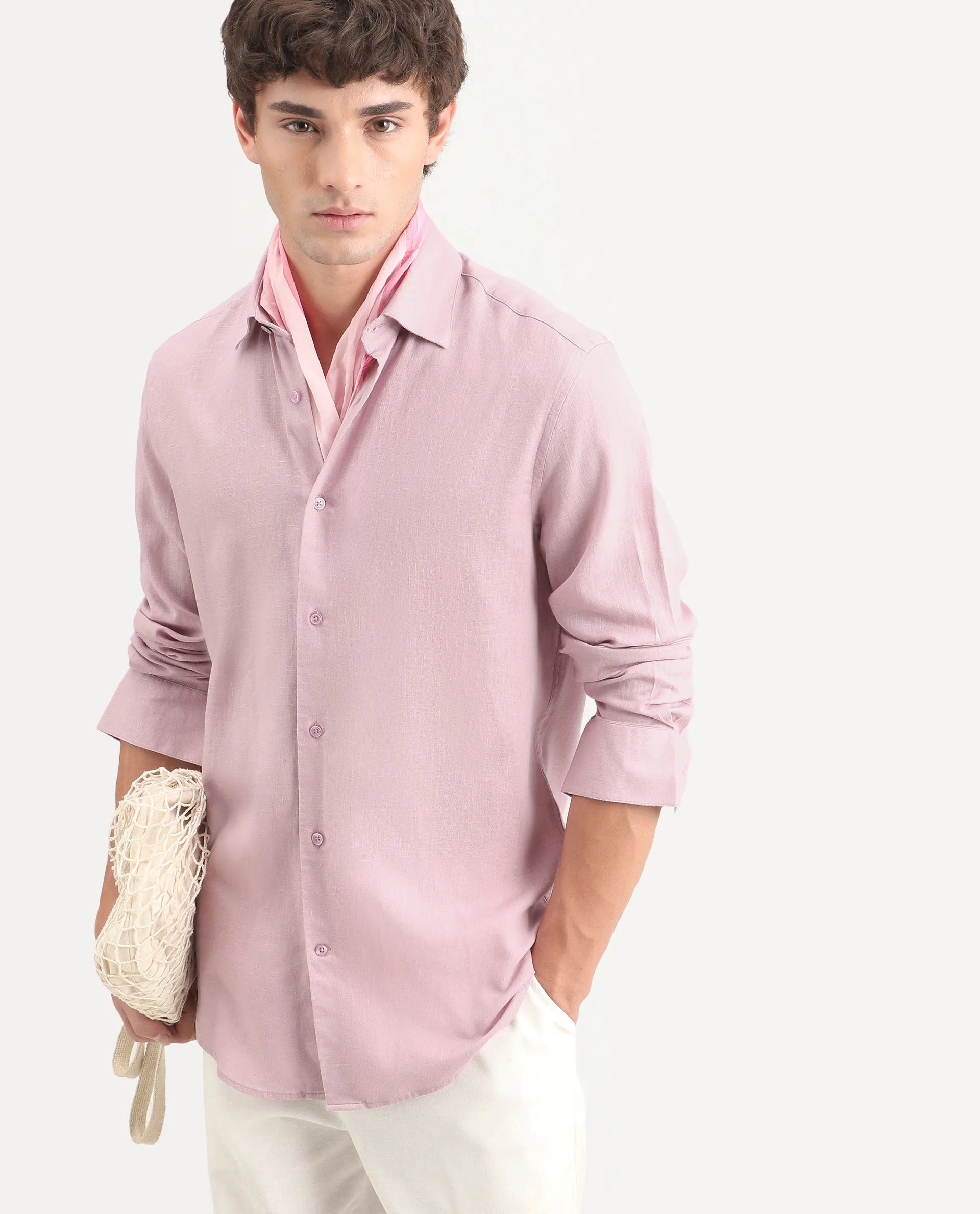 Rare Rabbit Men's Lewan-Ls Light Pink Linen Blend Spread Collar Regular Plain Shirt