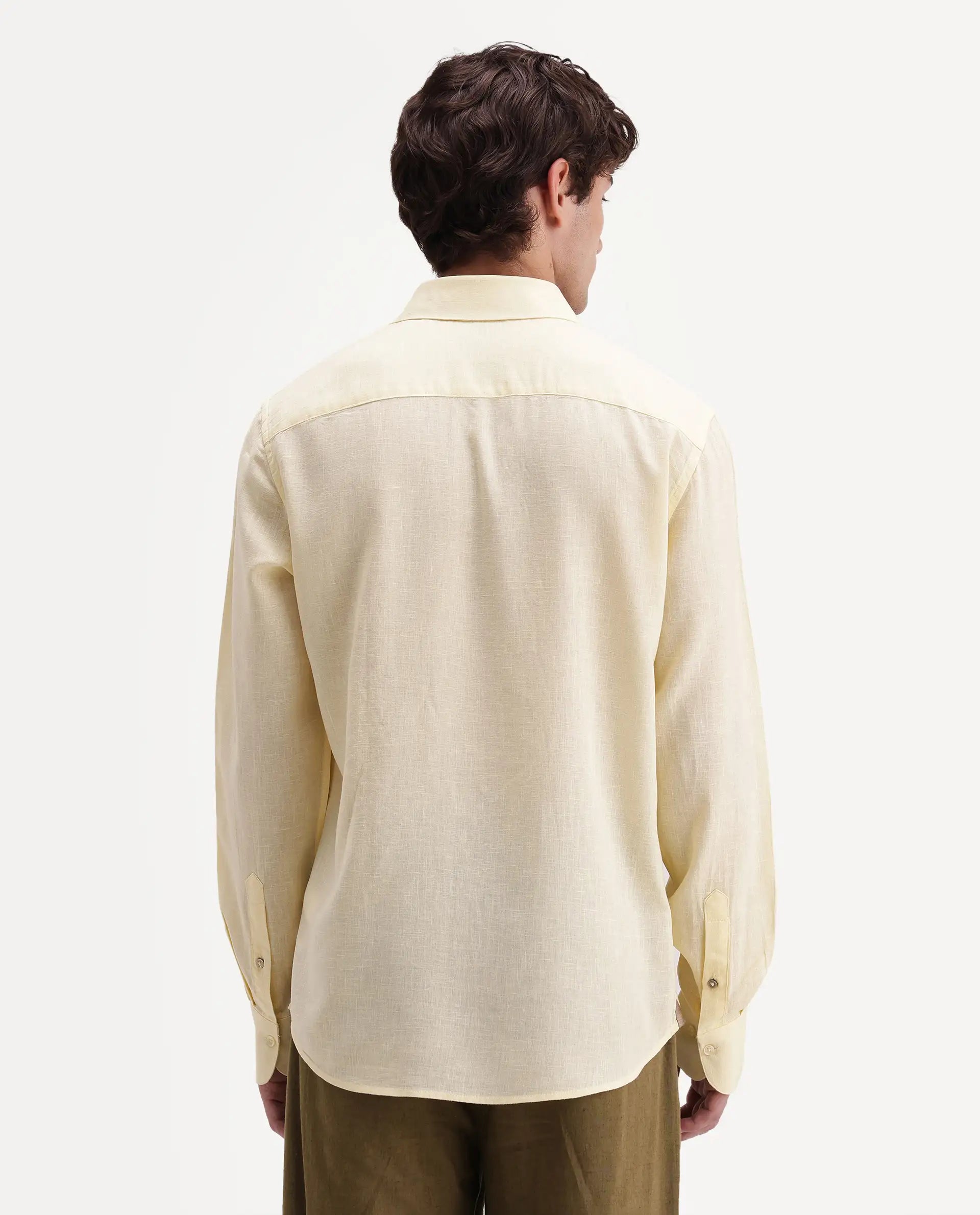 Rare Rabbit Men's Lewan-Ls Light Yellow Linen Blend Spread Collar Regular Plain Shirt