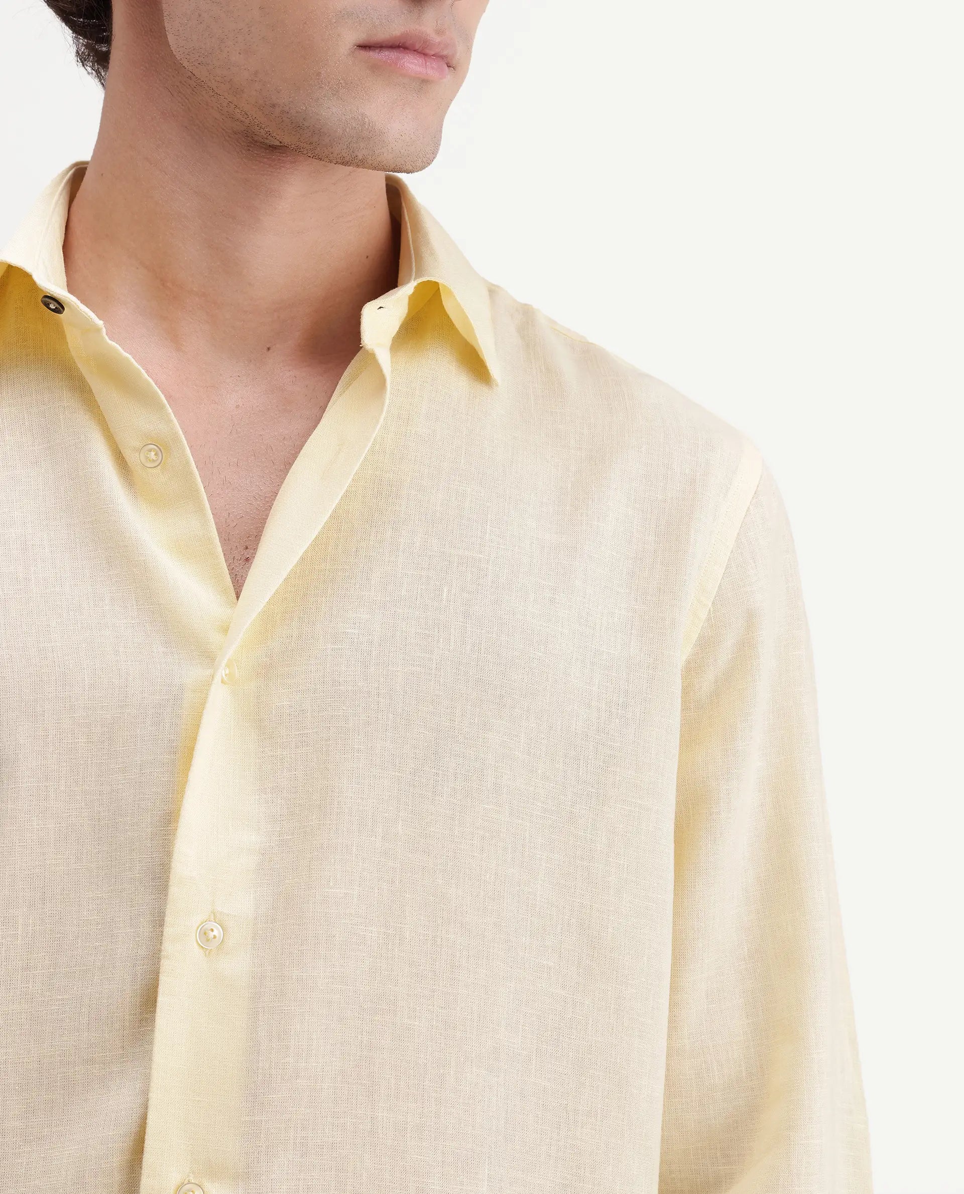 Rare Rabbit Men's Lewan-Ls Light Yellow Linen Blend Spread Collar Regular Plain Shirt