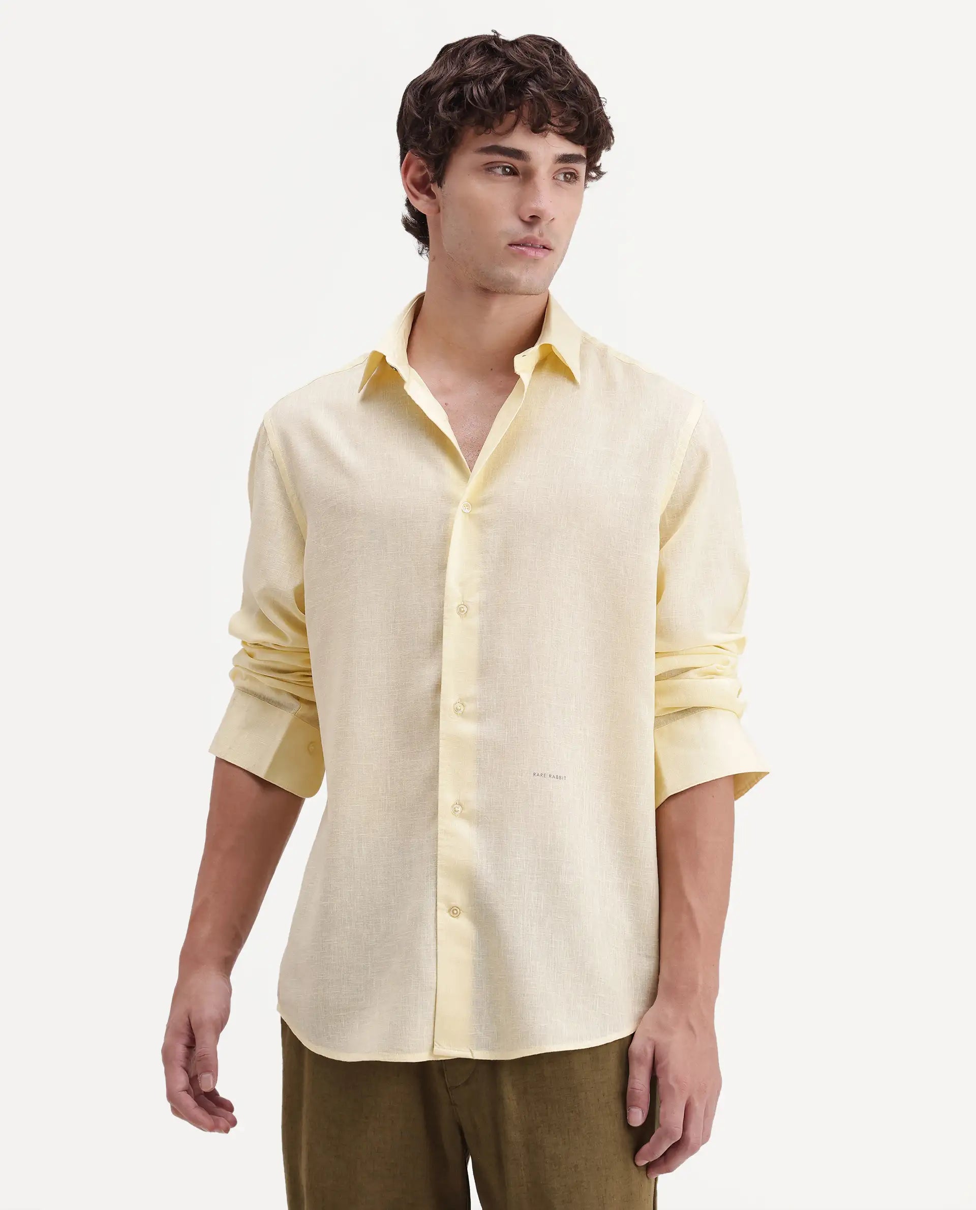 Rare Rabbit Men's Lewan-Ls Light Yellow Linen Blend Spread Collar Regular Plain Shirt