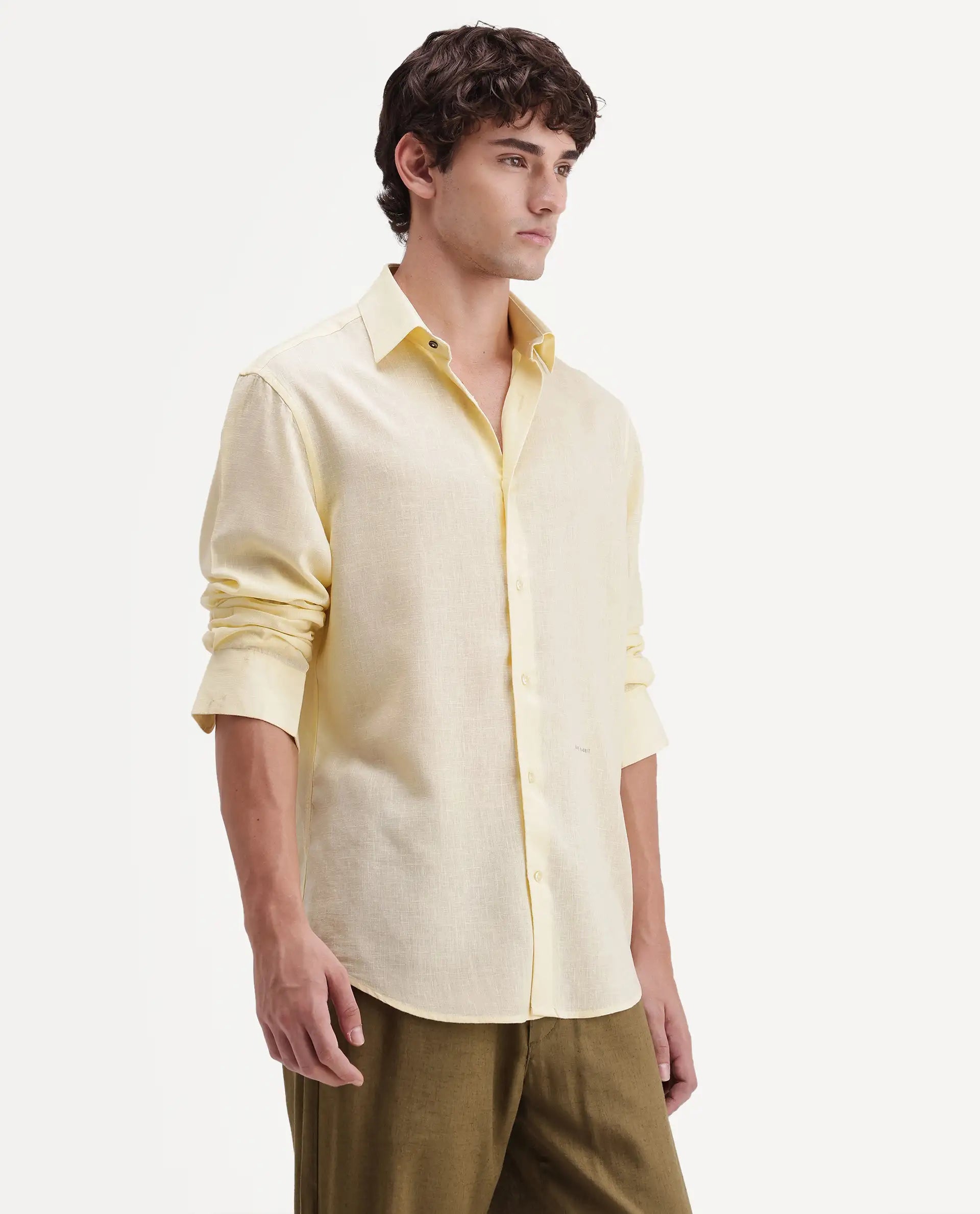 Rare Rabbit Men's Lewan-Ls Light Yellow Linen Blend Spread Collar Regular Plain Shirt