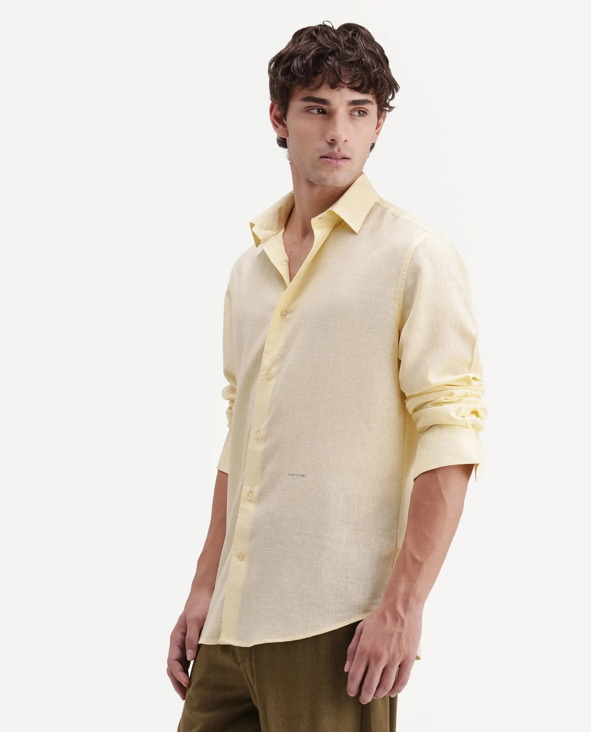 Rare Rabbit Men's Lewan-Ls Light Yellow Linen Blend Spread Collar Regular Plain Shirt