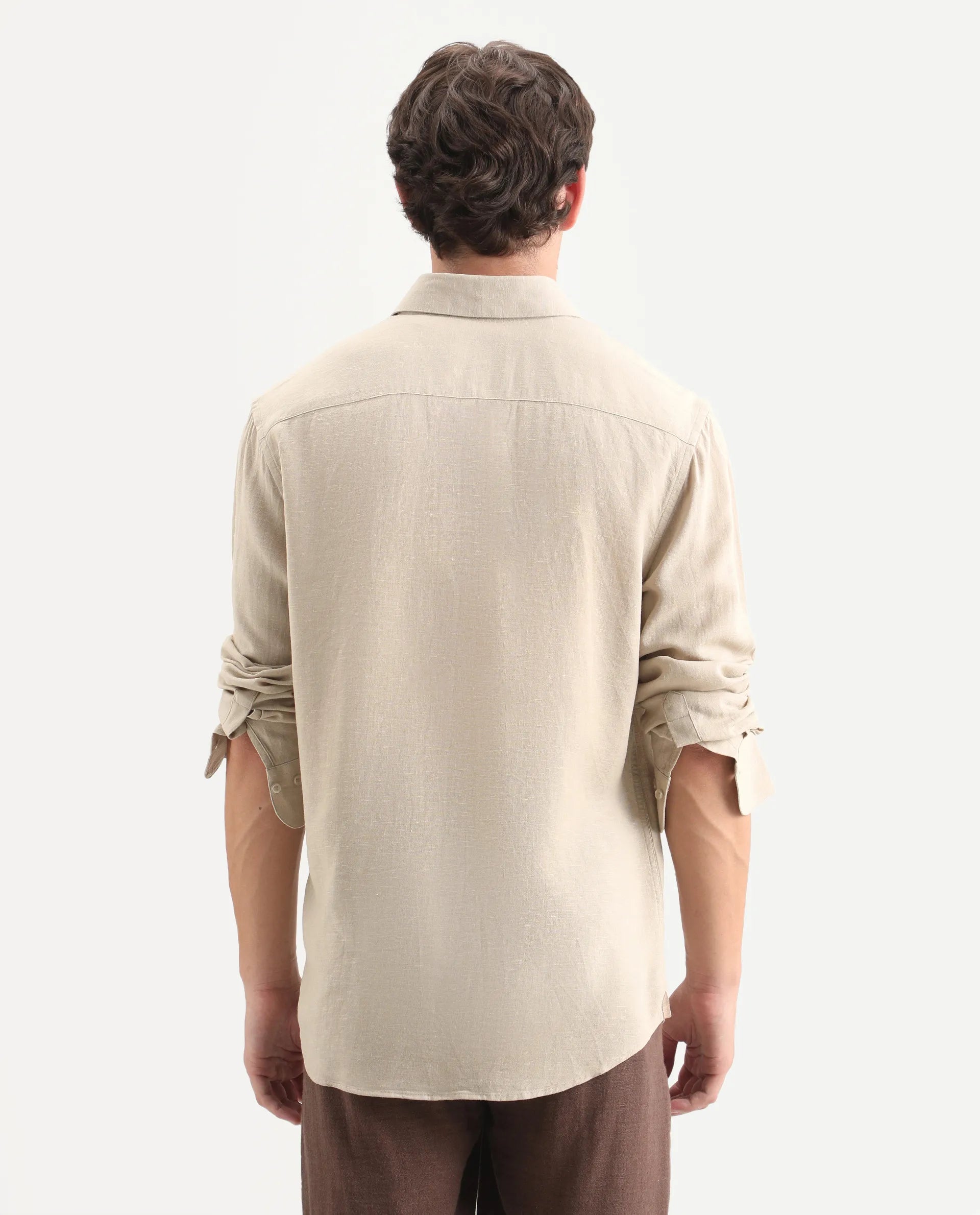 Rare Rabbit Men's Lewan-Ls Khaki Linen Blend Spread Collar Regular Plain Shirt