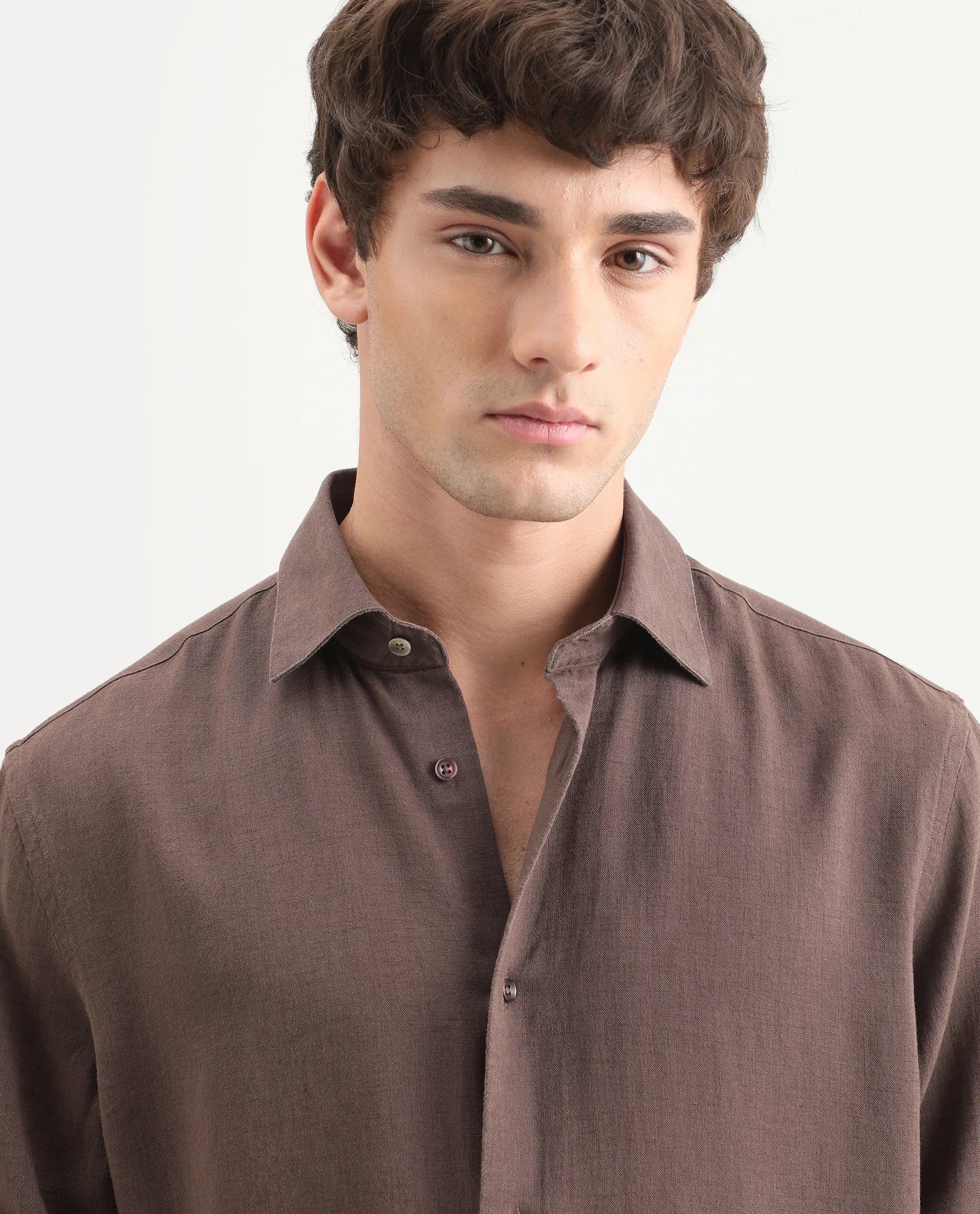 Rare Rabbit Men's Lewan-Ls Dark Brown Linen Blend Spread Collar Regular Plain Shirt