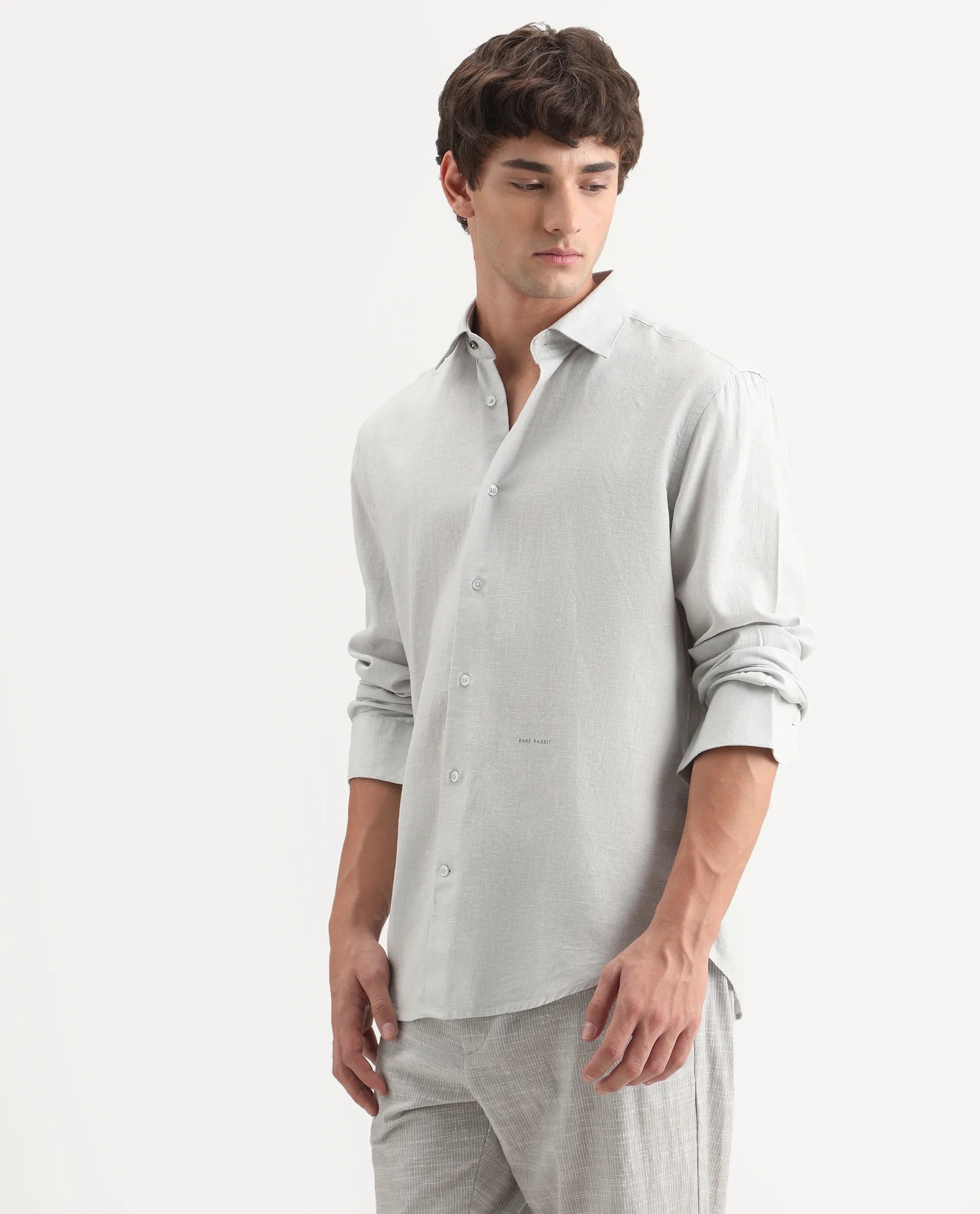 Rare Rabbit Men's Lewan-Ls Dusky Blue Linen Blend Spread Collar Regular Plain Shirt