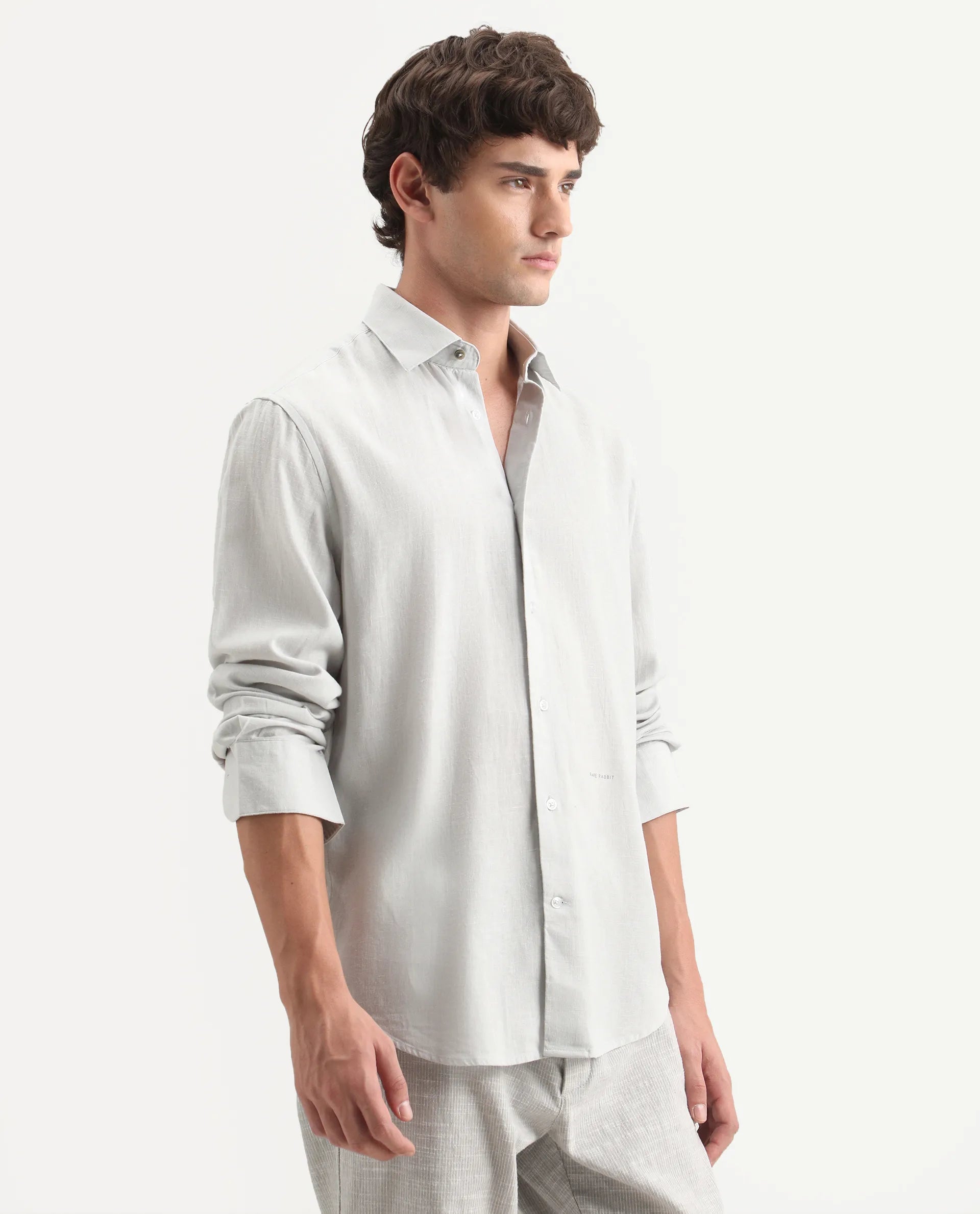 Rare Rabbit Men's Lewan-Ls Dusky Blue Linen Blend Spread Collar Regular Plain Shirt