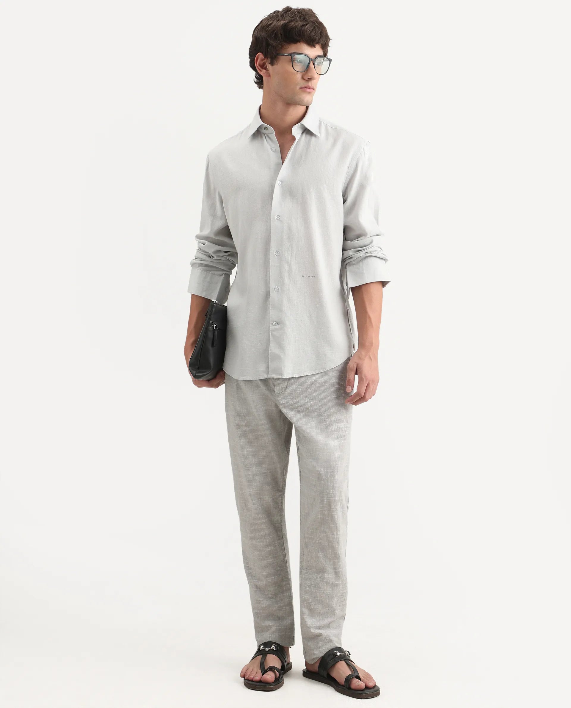 Rare Rabbit Men's Lewan-Ls Dusky Blue Linen Blend Spread Collar Regular Plain Shirt