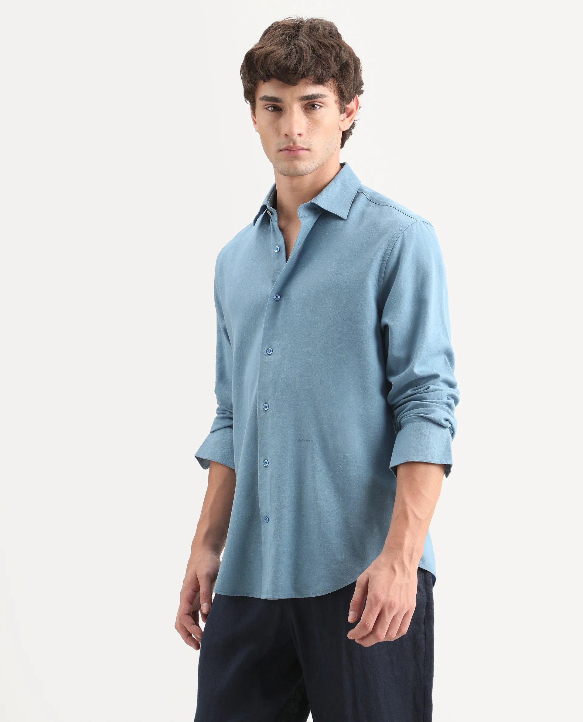 Rare Rabbit Men's Lewan-Ls Primary Blue Linen Blend Spread Collar Regular Plain Shirt