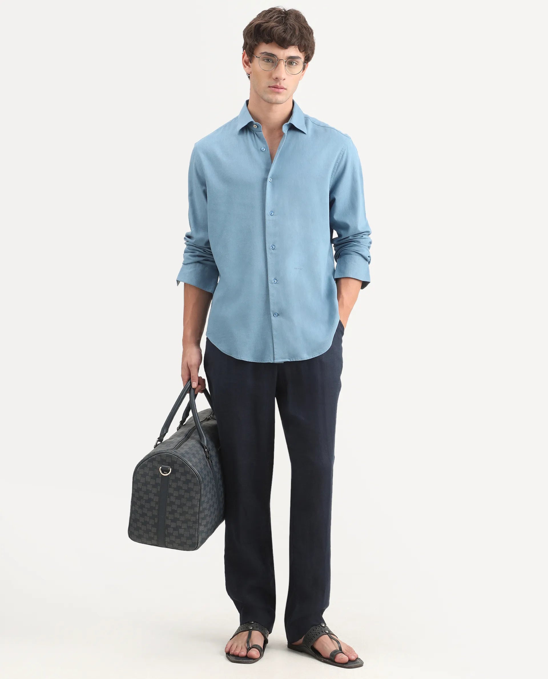 Rare Rabbit Men's Lewan-Ls Primary Blue Linen Blend Spread Collar Regular Plain Shirt