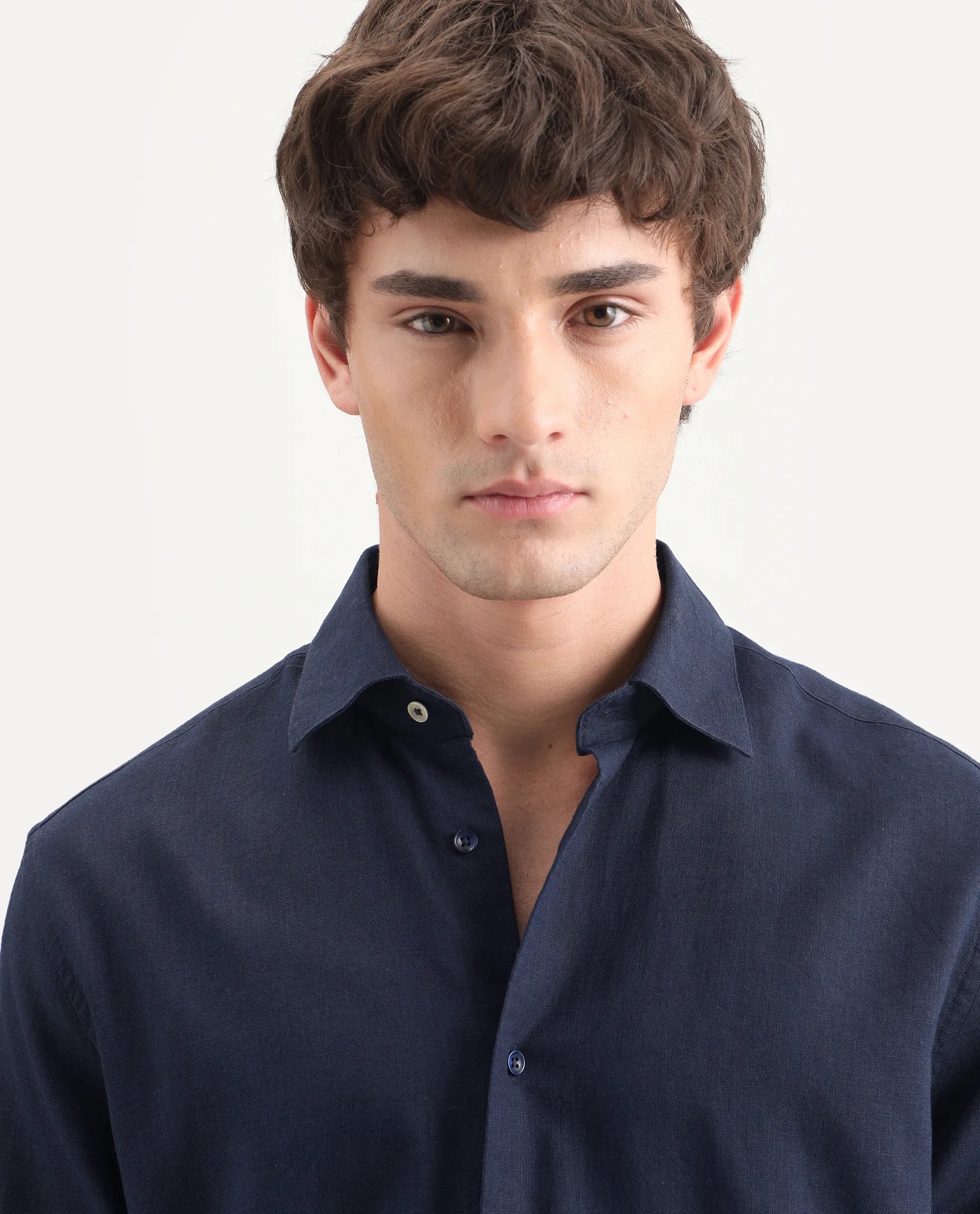 Rare Rabbit Men's Lewan-Ls Navy Linen Blend Spread Collar Regular Plain Shirt