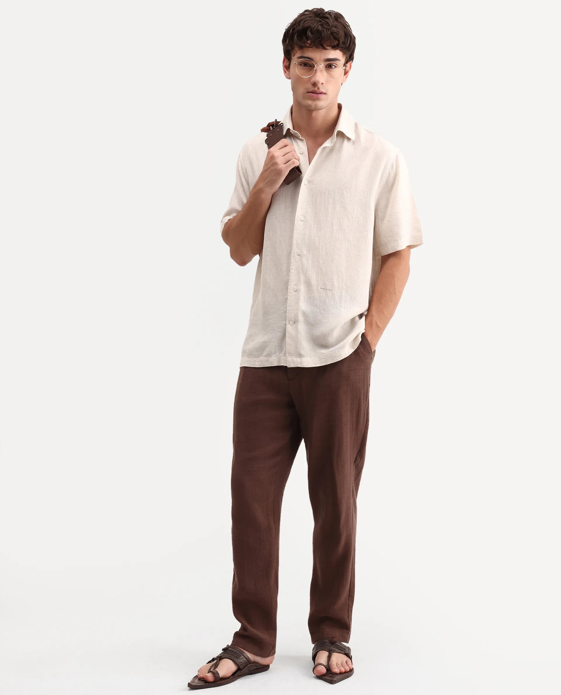 Rare Rabbit Men's Lewan-Ss Primary Ecru Linen Blend Spread Collar Regular Plain Shirt