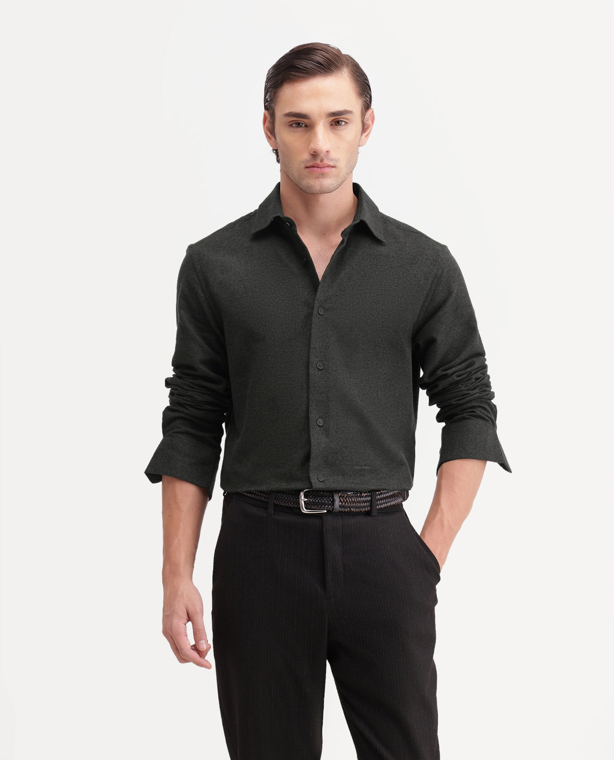 Rare Rabbit Men's Flark Dark Green Cotton Spread Collar Regular Plain Shirt