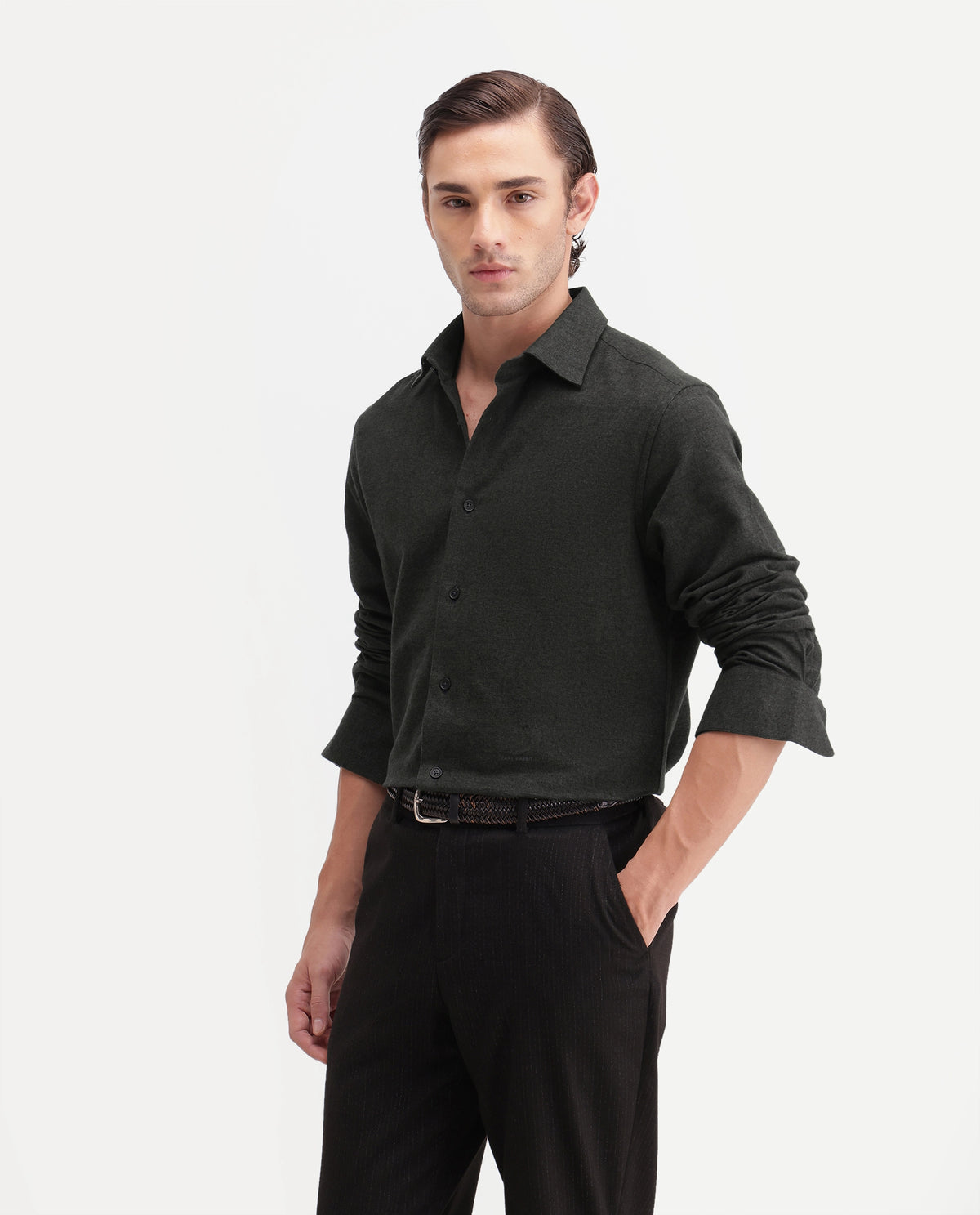 Rare Rabbit Men's Flark Dark Green Cotton Spread Collar Regular Plain Shirt