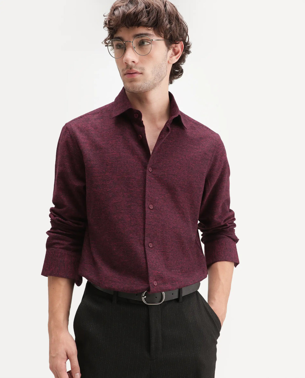 Rare Rabbit Men's Flark Dark Maroon Cotton Spread Collar Regular Plain Shirt